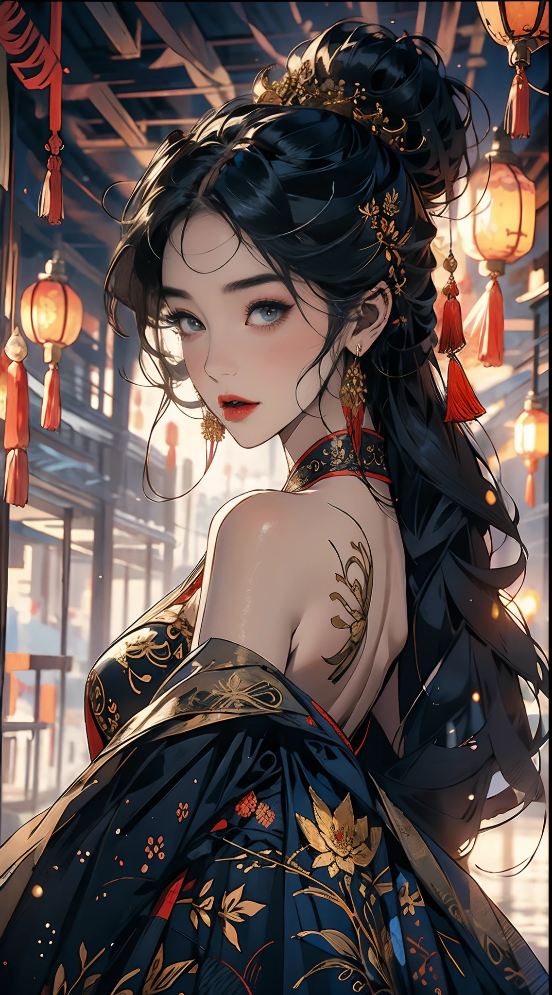 （tmasterpiece，top Quority，best qualtiy，offcial art，Beautiful and aesthetic：1.2），（1girll），Extremely detailed，Colorful，highestdetailed，offcial art，统一 8k 壁纸，ultra - detailed，Beautiful and aesthetic，big breasts beautiful，tmasterpiece，best qualtiy，（zentangle，datura，Tangles，entangled），holy rays，gold foil，Gold leaf art，glitter drawing，Chinese clothes，Red dress，Daji，Bare shoulders，