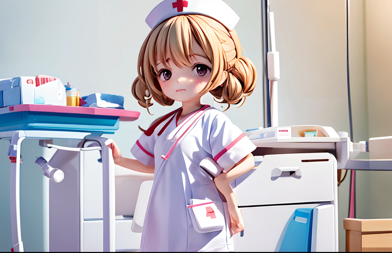 A  girl in a nurse costume, nurse hat, The nurse is examining the patient or someone，cute, big eyes, Hospital scene，The scene have some nurse items on the table like needle, ear piece, etc，no adult, Rejoice，Perfect quality，Clear focus（Clutter - hospitals：0.8)