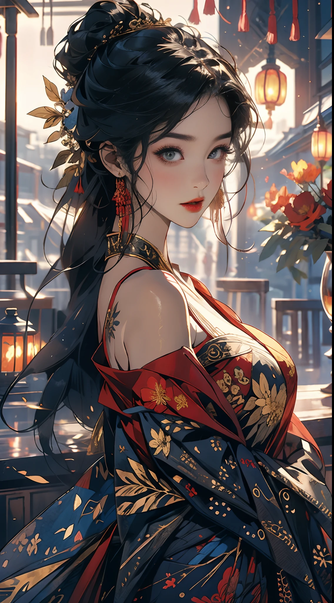 （tmasterpiece，top Quority，best qualtiy，offcial art，Beautiful and aesthetic：1.2），（1girll），Extremely detailed，Colorful，highestdetailed，offcial art，统一 8k 壁纸，ultra - detailed，Beautiful and aesthetic，big breasts beautiful，tmasterpiece，best qualtiy，（zentangle，datura，Tangles，entangled），holy rays，gold foil，Gold leaf art，glitter drawing，Chinese clothes，Red dress，Daji，Bare shoulders，