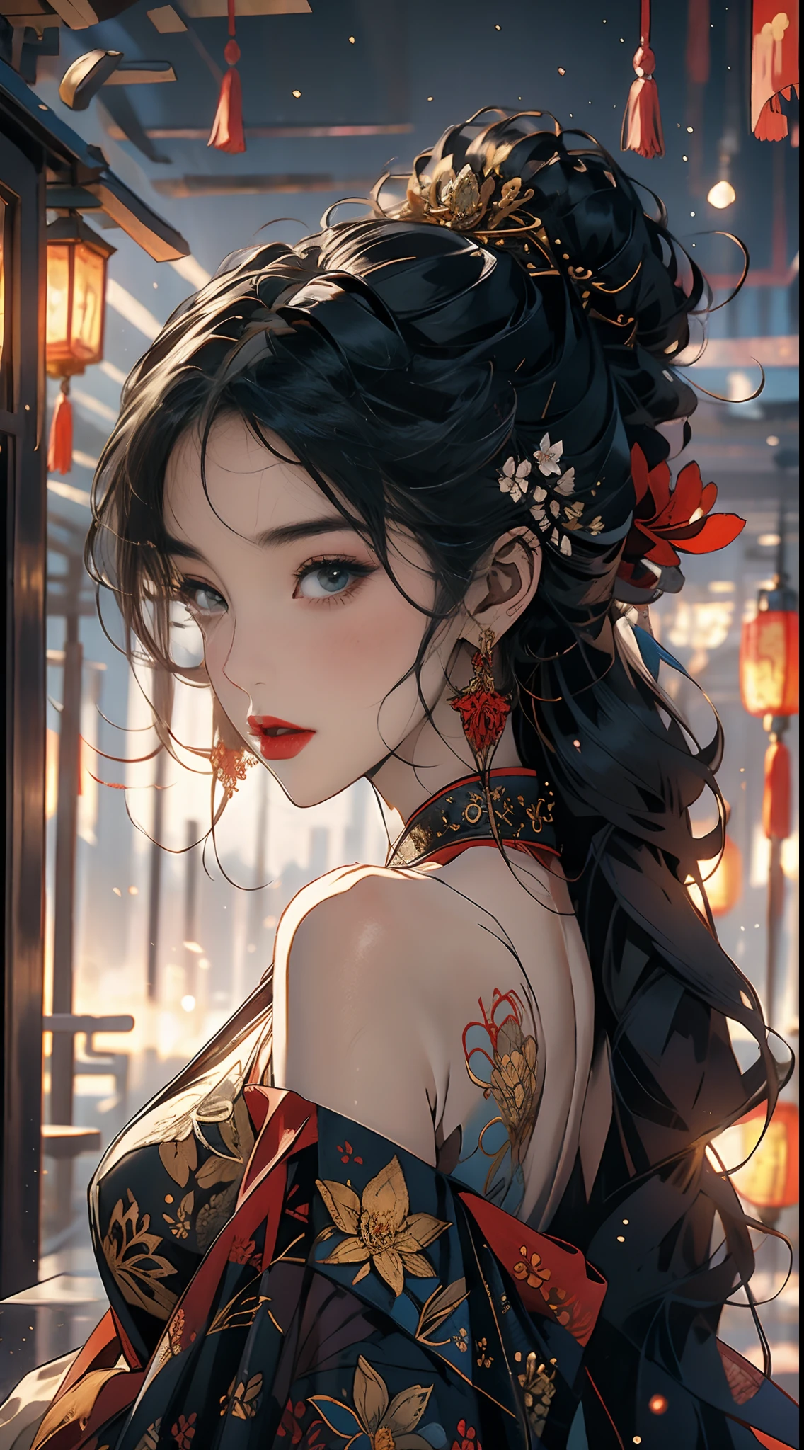 （tmasterpiece，top Quority，best qualtiy，offcial art，Beautiful and aesthetic：1.2），（1girll），Extremely detailed，Colorful，highestdetailed，offcial art，统一 8k 壁纸，ultra - detailed，Beautiful and aesthetic，big breasts beautiful，tmasterpiece，best qualtiy，（zentangle，datura，Tangles，entangled），holy rays，gold foil，Gold leaf art，glitter drawing，Chinese clothes，Red dress，Daji，Bare shoulders，