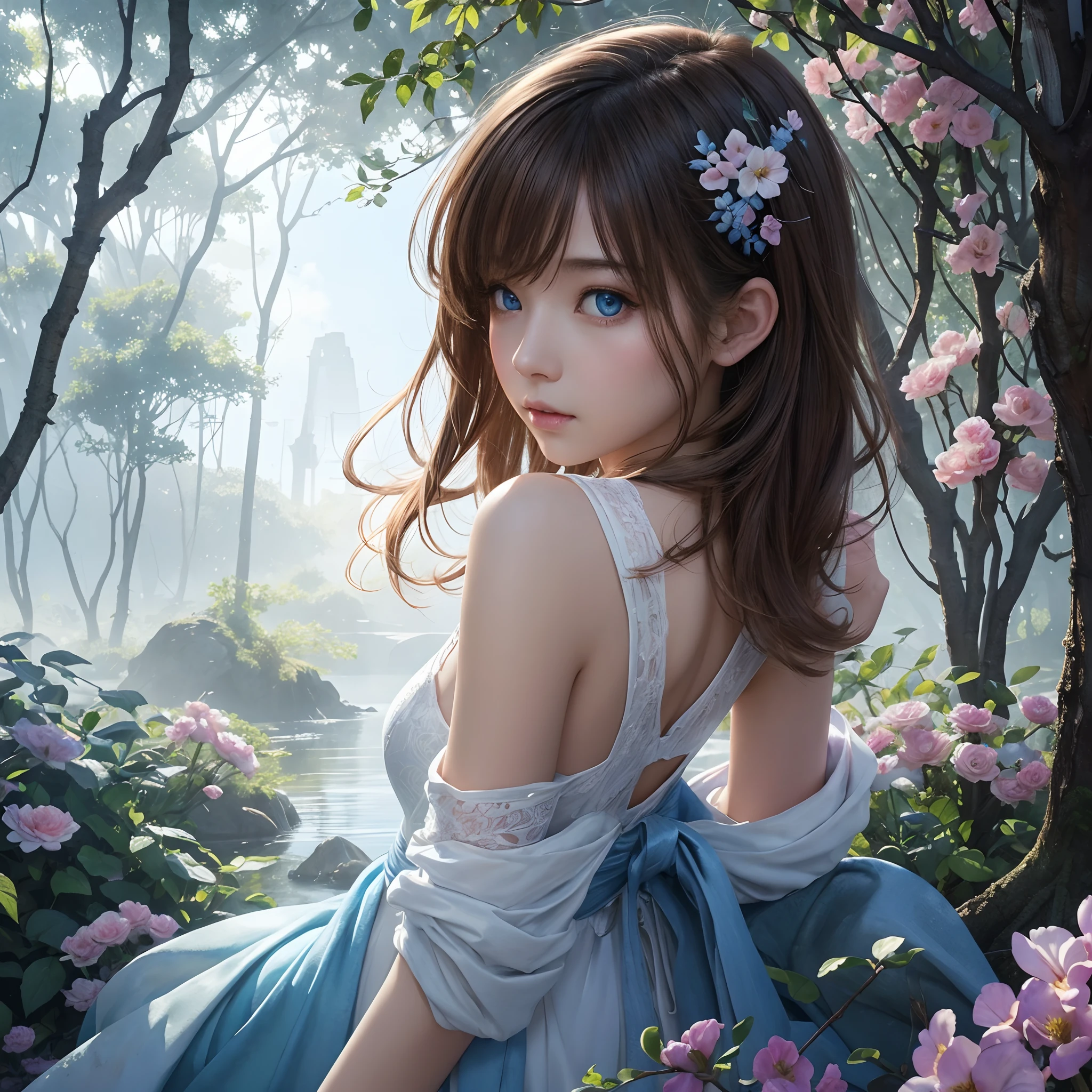 hightquality、8K Ultra HD、fullllbody、-yeld wo、robe blanche、light brown hair、Blue eyes、(In the background is a lovely healing forest and a waterside)、cute little、Beautiful fece、portlate、Morning light、florals、art by:Alberto Seveso、Symmetrical、Abstract art style、Complex and intricate watercolor painting 、digitial painting、concept-art、Volumetric lighting、TanvirTamim、metal reflective、2d render、8K。 by artgerm、Trending on ArtStation