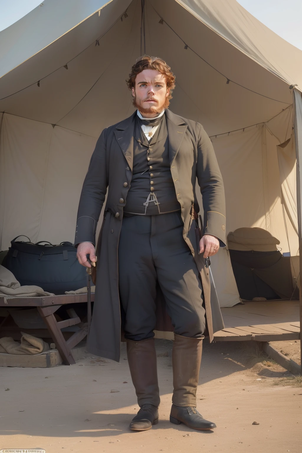 year: 1863. Location: Cairo, Illinois. Pre-Raphaelite (((45-year-old Richard Madden))), overweight, grey hair, army doctor, military camp, tent, civil war, ((worried look)), ((((Clothing from the 1860s)))) ((Hairstyle of the 1860s)), ((("OMITB" cinematography)))