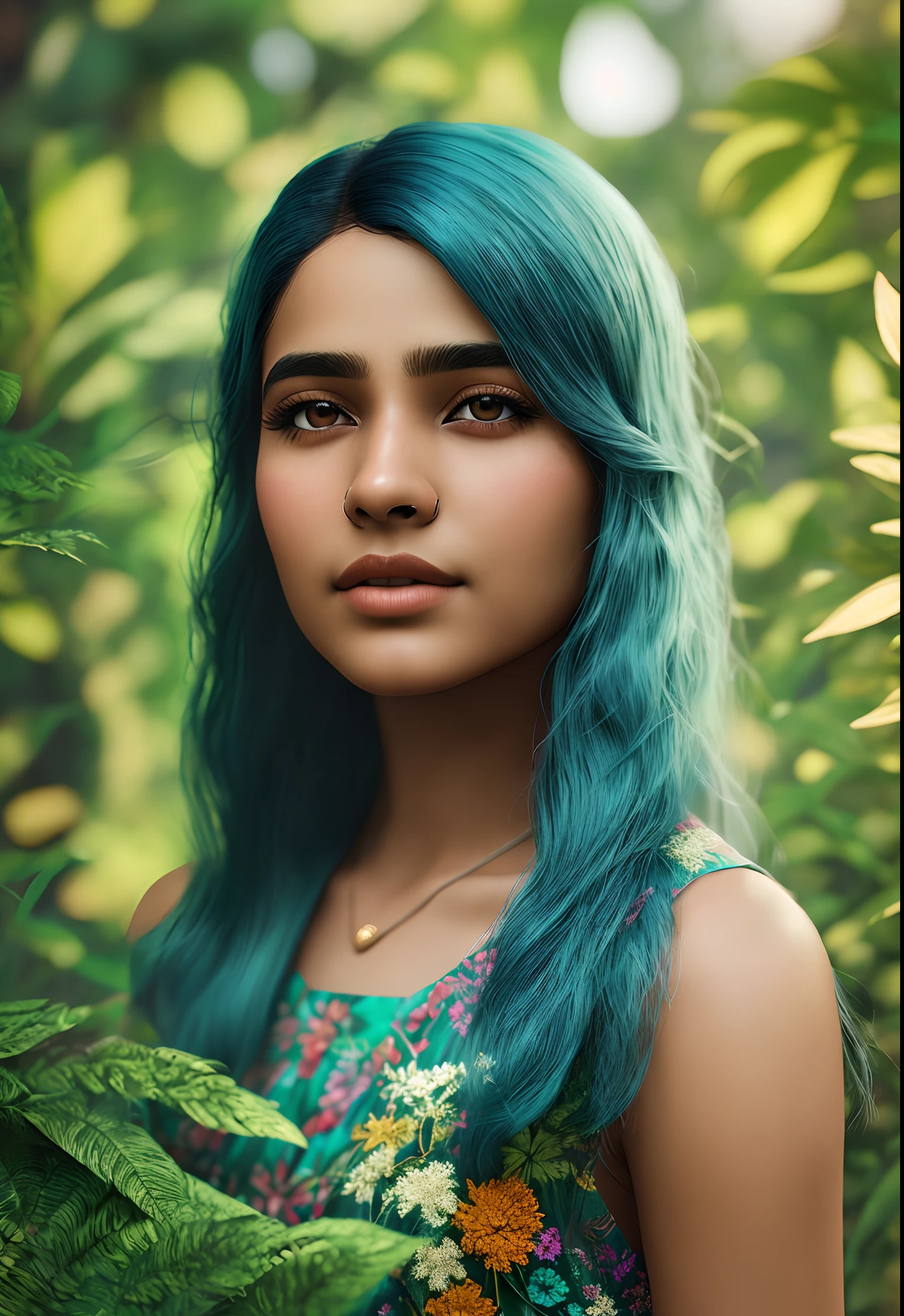 fashion photography portrait of indian girl with blue hair, in lush jungle with flowers, 3d render, cgi, symetrical, octane render, 35mm, bokeh, 9:16, (intricate details:1.12), hdr, (intricate details, hyperdetailed:1.15), (natural skin texture, hyperrealism, soft light, sharp:1.2), detailed, sunlight passing through foliage