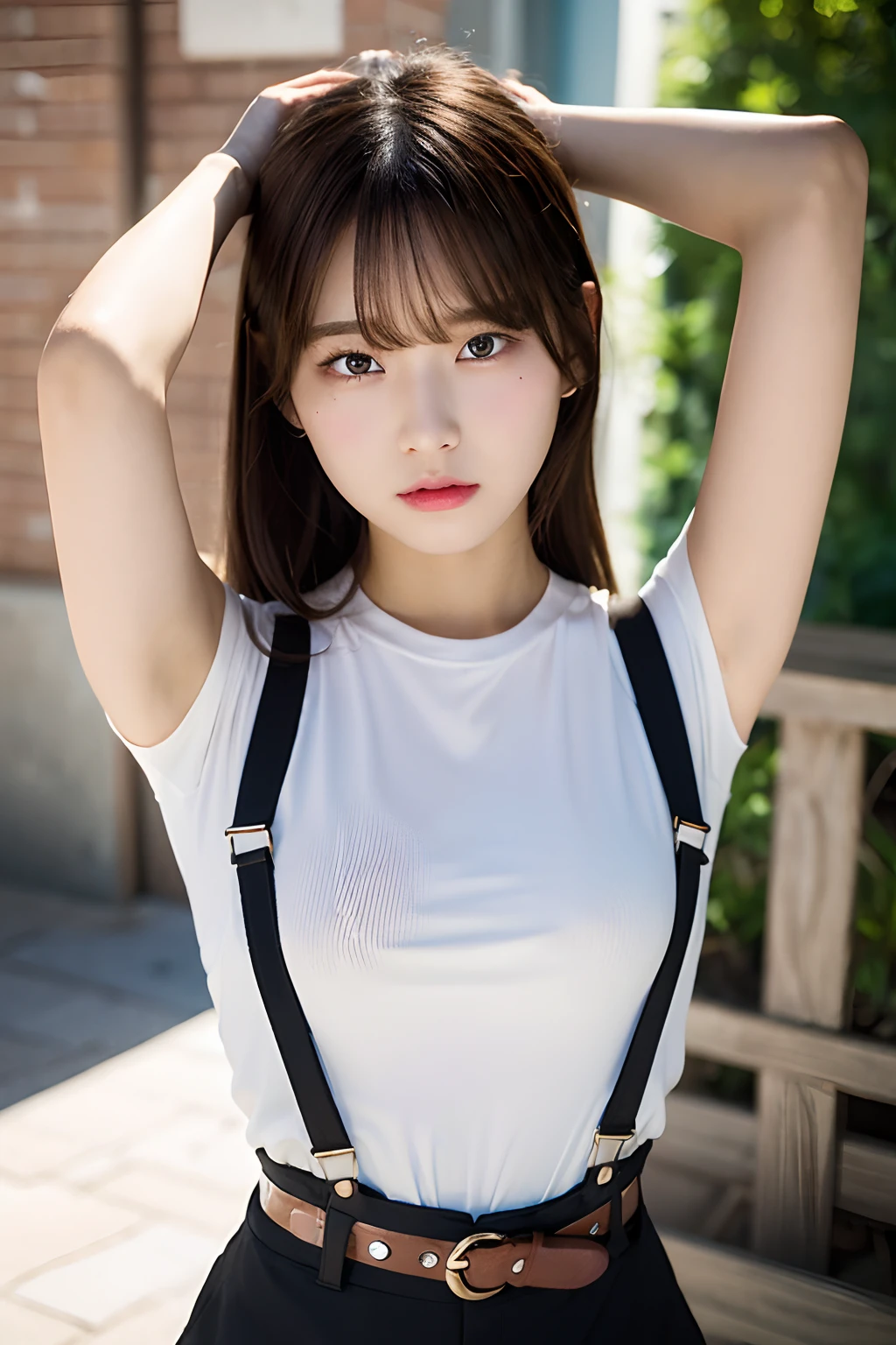 ​masterpiece、flat-colors、depth of fields、lens flare 1 girl、、Brown hair、watching at viewers　　　　a belt　black suspenders　　　Puffy breasts　　　 　 Armpit sweat　perspiring　Side of both hands　　walls: 　Black pants, 　Gaze　　　Small face　Bangs Upper Eyes　Aside Cutter Shirt
