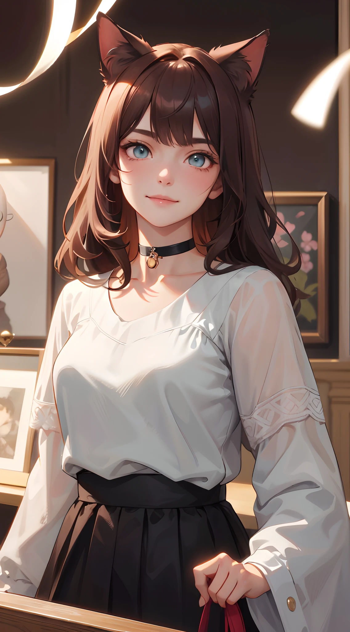 a handsome female，delicate facial features，Long brown hair，brown cat ears，Cyan eyes，black sleeved top,Choker, blackskirt,Sakura，K HD，higly detailed，hiquality，Good atmosphere，Delicatessen，CG рендеринг，Detailed rendering，（Subtle facial image）（Image of fine hair）（topquality）（Masterpieces of masters）（High degree of completeness）（A sense of atmosphere）,Smiling,Black sweater