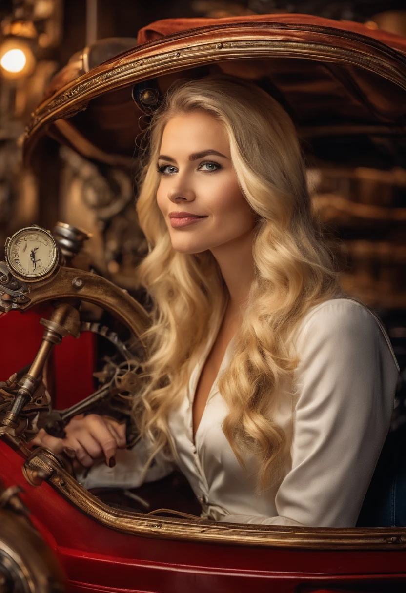(tmasterpiece, Better quality),1 happy blonde sexy young girl smiling light hair sitting on red Lamborghini cart, Warm lighting, Blue jeans and shirt, HD close-up