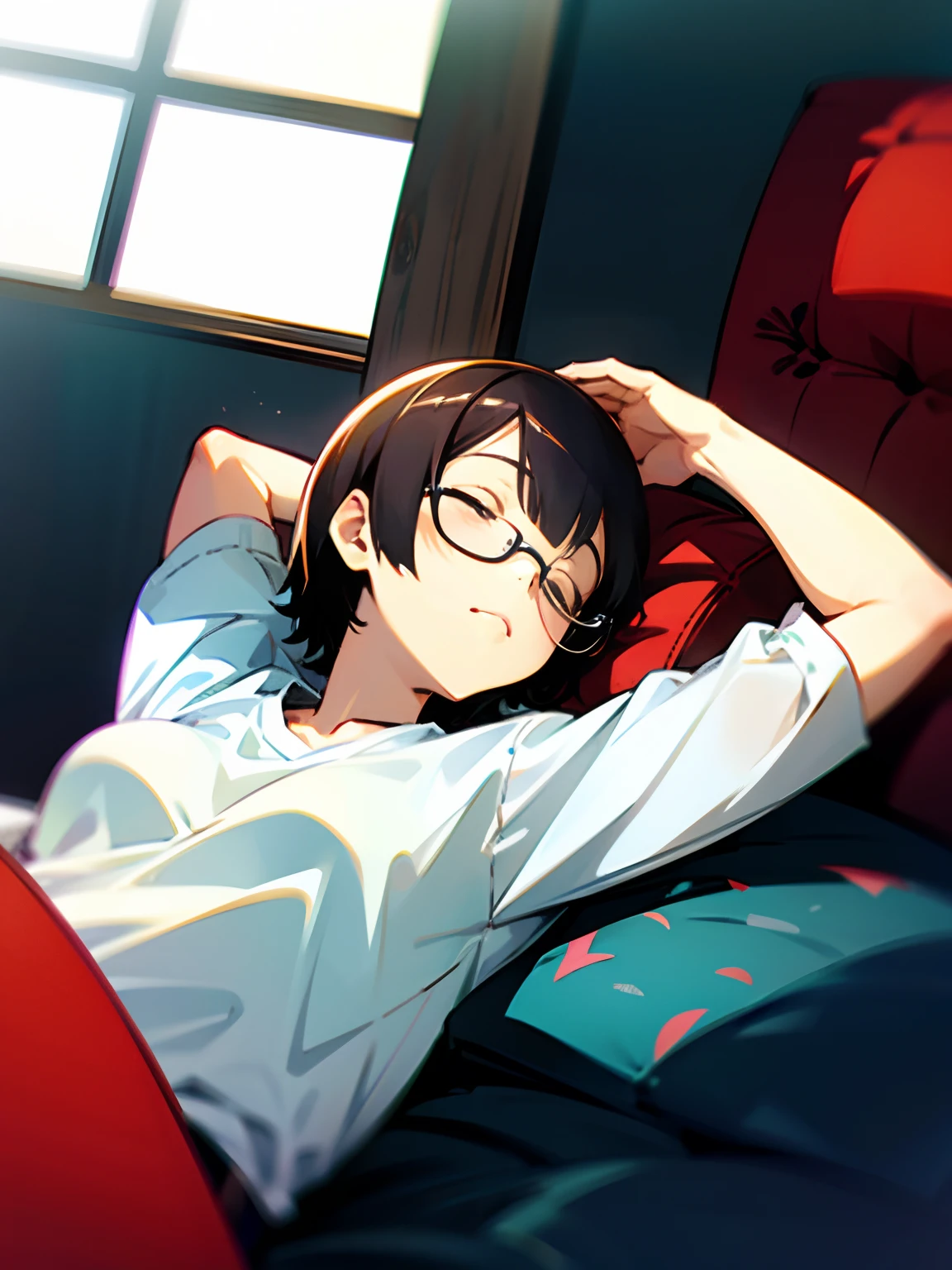 masutepiece , Best Quality , Anime Girl , Sleeping , Glasses , Very short hair , White shirt
