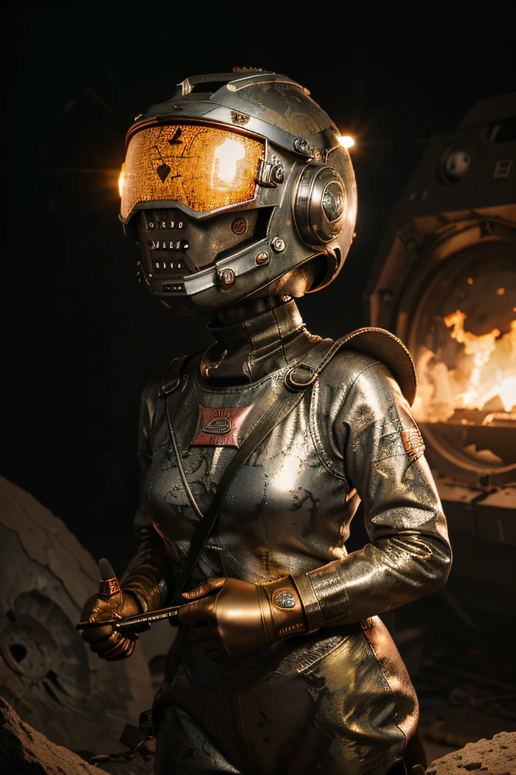 A toon Crazy whit a Big ONE a Only Eye Robot CCCP Soviet, and helmet Style, tongs in hands, Tv head, pinhead, camouflage Gold Silver Pink Rusty, Ambient in a meteorite crater super detailed, center, beautiful, soft lighting, focused on the character, 4K resolution, photorealistic rendering,