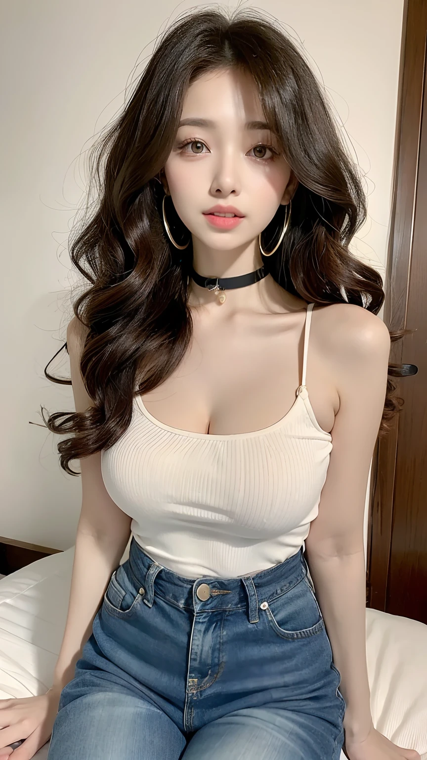 ((best qualtiy, 8K, masterpiece:1.3)), Focus:1.2,  ((Camera Zoomed Out)) ((Sitting Inside )) ((Perfect figure Beautiful Woman: 1.4)), ((Random Parted Layered Hairstyle) (( Wavy Hair In Big Curls))（Protruding cleavage，Detailed Shirt And Jeans ：1.5，((Detailed Eyes And Lips)) (Highly Detailed Face and Skin Texture))， 二重まぶた，Detailed Skin，Wearing Chocker, Looking At Camera,