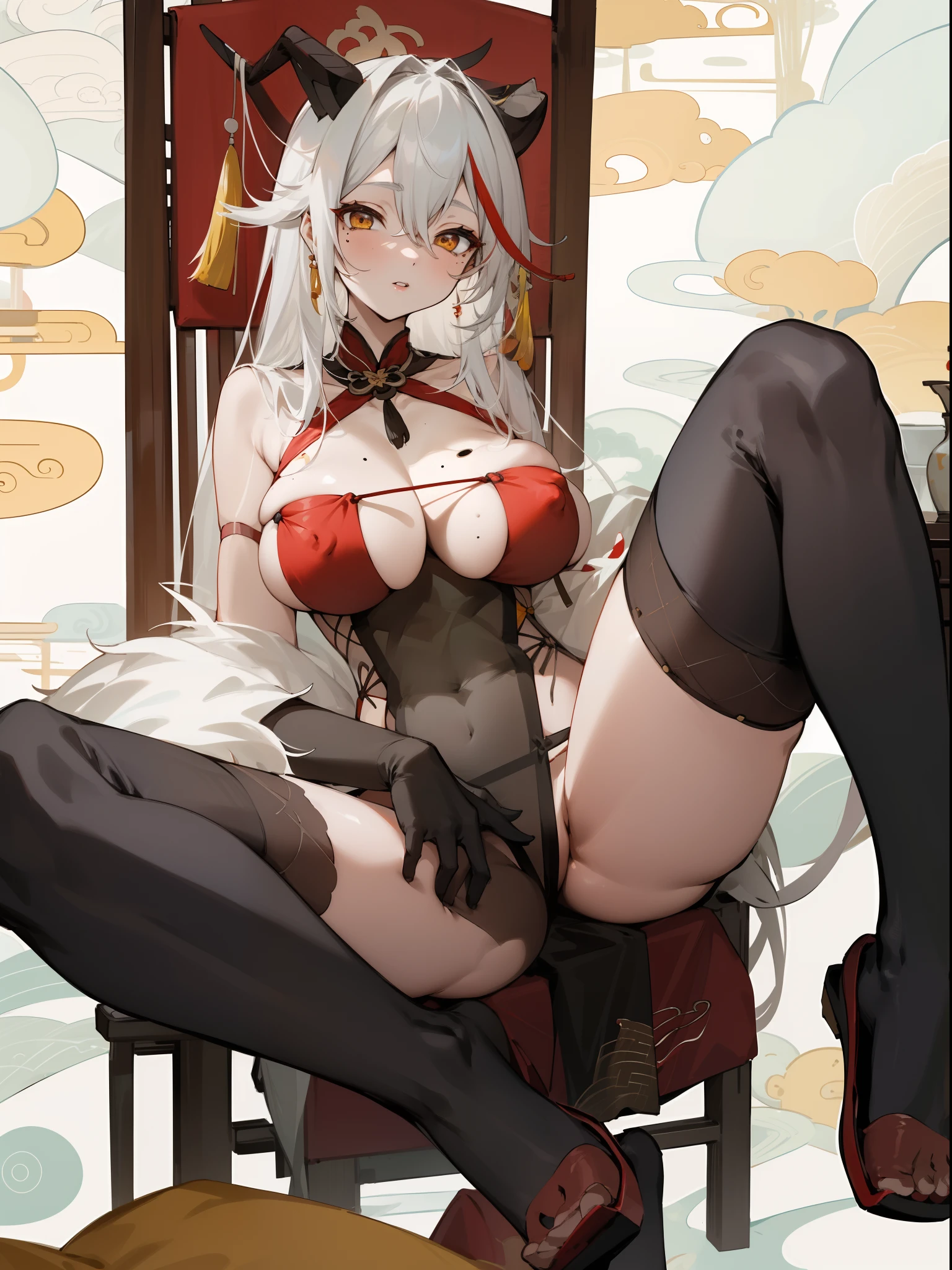 GDAAC, ChineseDressAegir, 1girl, solo, sitting, looking at viewer, spread legs, holding, red eyes, shoe dangle, covered nipples, parted lips, chair, mole on breast, white hair, yellow eyes
