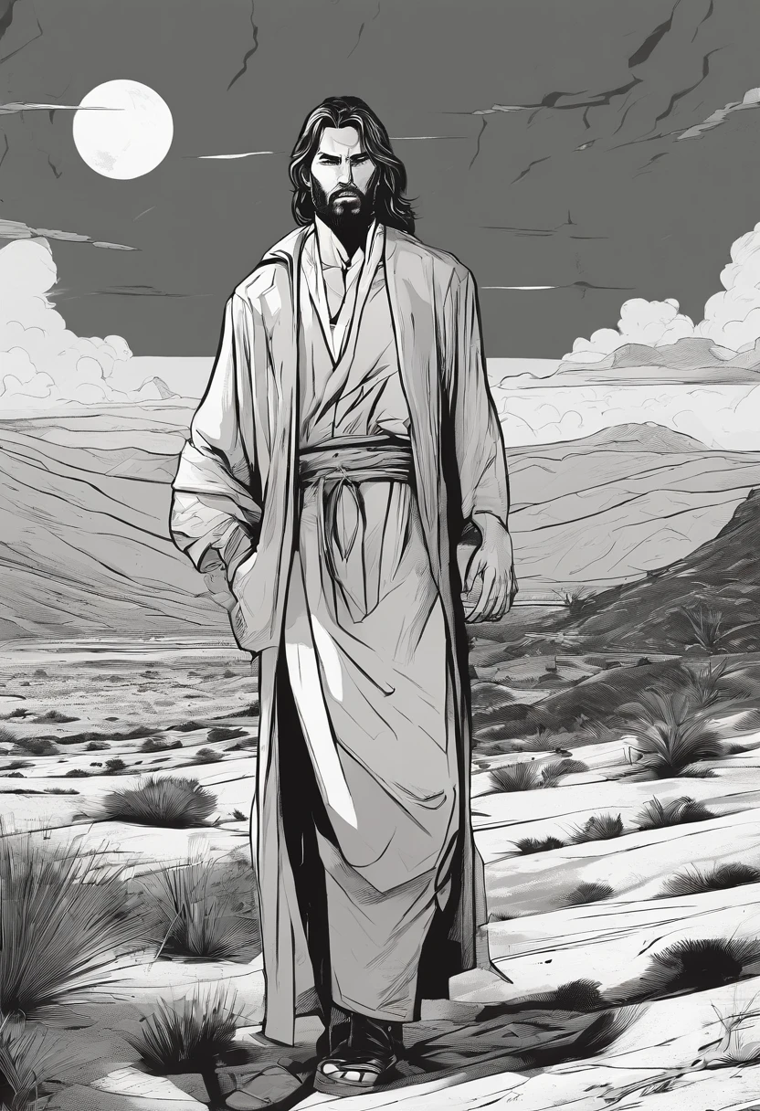 Jesus close up https://readcomicsonline.ru/uploads/manga/outcast-by-kirkman-azaceta-2014/chapters/47/01.jpg man, in front of the building Cel-shaded, noire, black-white, comics art –s 750 with beard and short haircut sitting alone in the rain in the desert only nature, Far from civilization with a mountain in the background, outcast, In torn clothes, long clothes, tired, Exhausted. Black & White Style, Drawn in the style of noir, Noir setting, Drawn in the style of noir, Comics Art