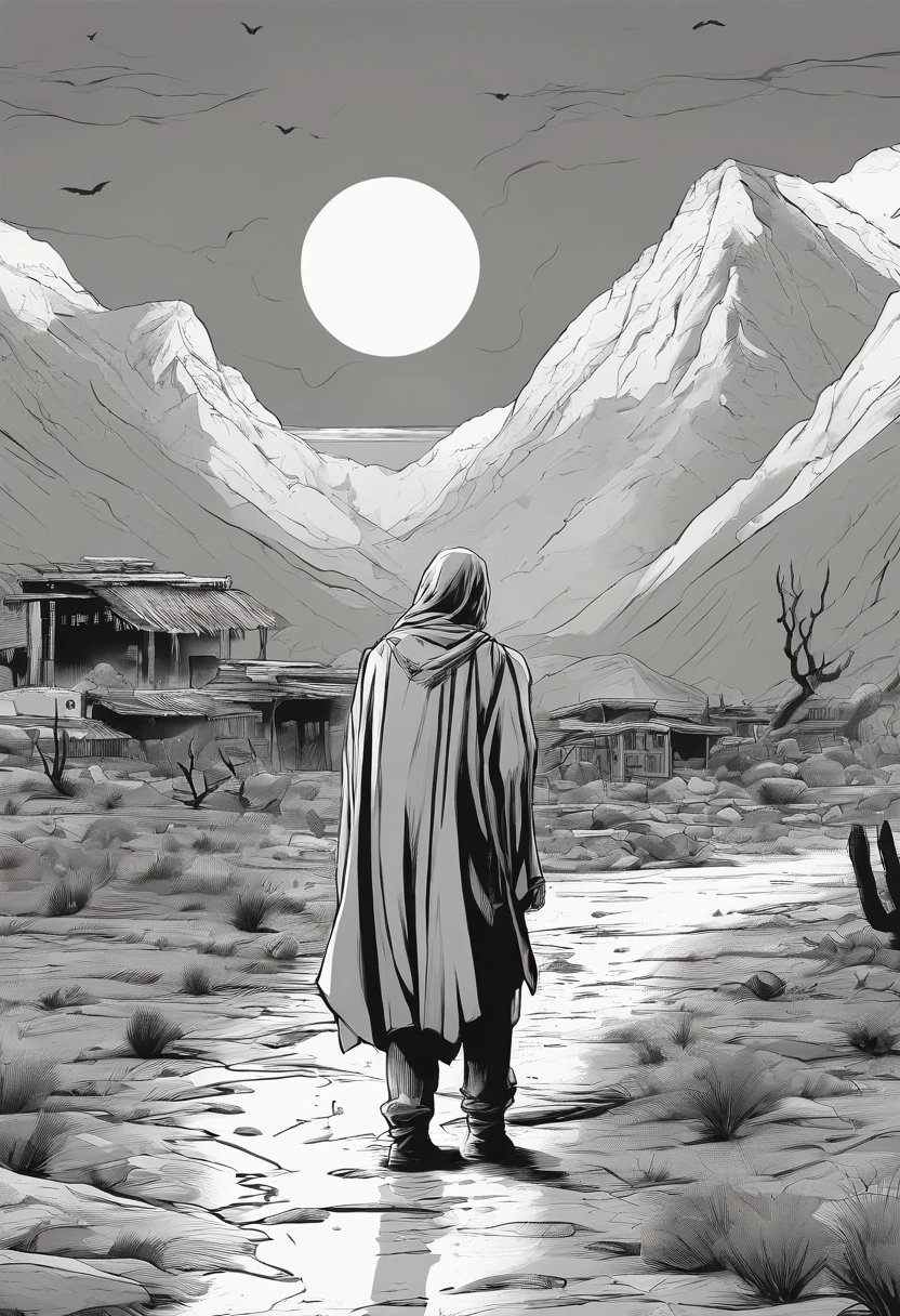 Jesus close up https://readcomicsonline.ru/uploads/manga/outcast-by-kirkman-azaceta-2014/chapters/47/01.jpg man, in front of the building Cel-shaded, noire, black-white, comics art –s 750 with beard and short haircut sitting alone in the rain in the desert only nature, Far from civilization with a mountain in the background, outcast, In torn clothes, long clothes, tired, Exhausted. Black & White Style, Drawn in the style of noir, Noir setting, Drawn in the style of noir, Comics Art