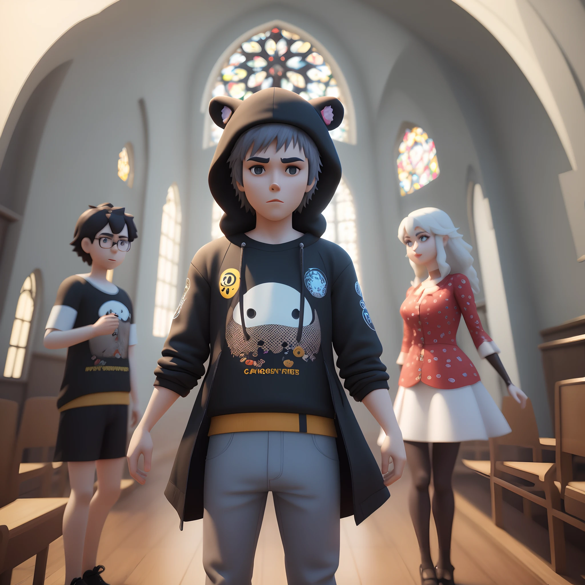 personagem dos desenhos animados de um homem com uma camisa preta, animation character, Caractere estilizado, animation style rendering, 3D estilizado, Arnold Maya render, 3 d render stylized, toon render keyshot, Personagem 3D, Personagem 3D, 3d rendering stylized, 3 d character render, personagem de desenho animado, Personagem de close up, Pose de personagem, (Estilo Pixar) (master part:1.2) (Bokeh) (melhor qualidade) (pele detalhada) (textura detalhada) (8k) (argila) (Cinematic lighting) (foco nítido) f7nd9 walks picture a church with big screen l, paredes s
Pretas, escrit9 IERC