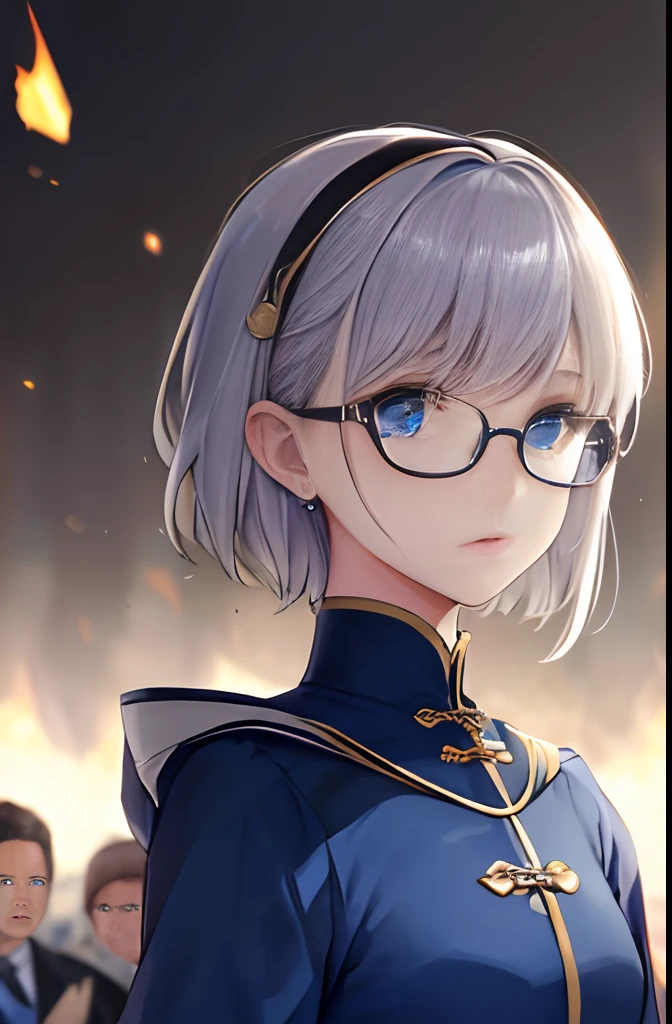 Need, Quality , masterection, 1male people, sportrait, focus, Blue eyes, solo, bangs, Look at the audience, Hood, Short, Silverhair,Short hair on the ears, Luxury,8k,the detail,Ray traching,depth of fields,电影灯光, Metal glasses, white clothes, Blue clothes