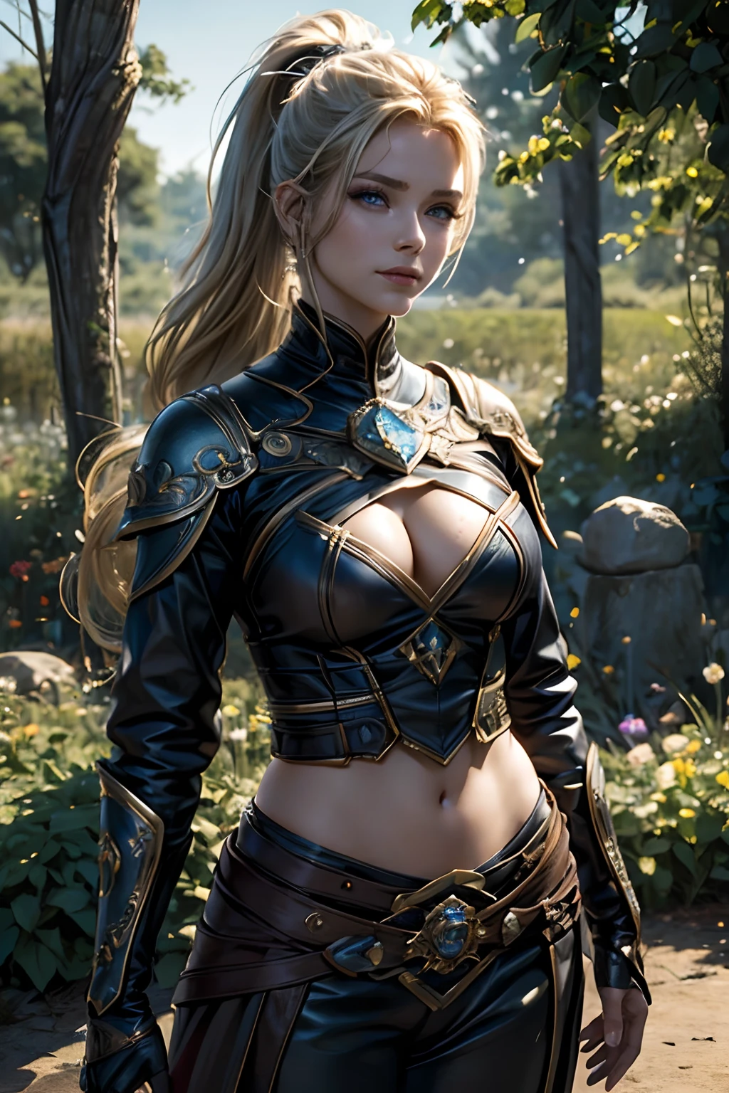 "(Best Quality,hight resolution,Masterpiece:1.2),beautiful detailed blue eyes,Stunning blonde with long hair, tail, Hair gathered in a ponytail,Girl with a charming smile, Clothes made of tanned leather, briefs, leather armour, soft natural lighting,Flower garden background,bright colours,Fine Brush Stroke Technique,Accentuate the girl's joyful expression,A gentle breeze gently rustles her hair,Meticulous attention to facial features and hair strands,Realistic skin tones and textures, A keen eye, Battle Maiden, Figure Warfare, athletic build, musculature, long leges, Long Range, big breastes. (dark theme: 1.2) (Dark Aura, dark energy, dark energy, Shrouded in darkness, Dark Miasma: 1.3)