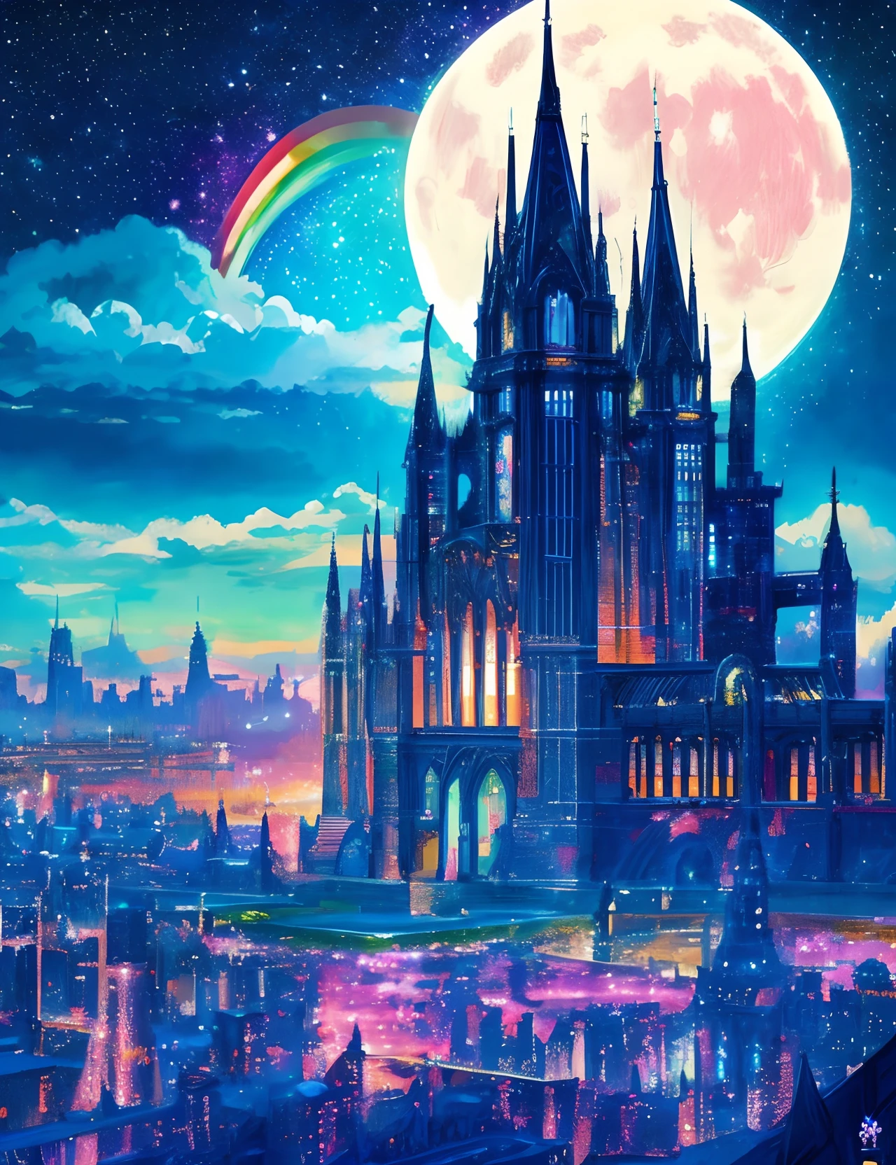 Metropolitan、Colorful Metropolitan Museum of Art、River painting with stars and moon in rainbow sky、the met、Shining skyscrapers、Shine across the board、Skyscrapers、Concept art inspired by Mitsuoki Tosa、pixiv contest winners、top-quality、Fantasyart、beautiful anime scene、Bright moon、Moonlit star environment、Dream painting、Anime Background Art、Fantasy landscape art、fantasy knight、anime backgrounds、background artwork、Fantastic art、atmospheric anime、starrysky、Detail has been enhanced。