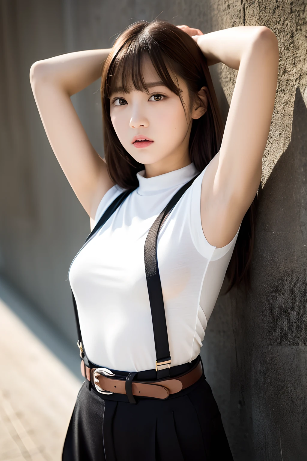 masterpiece、flat-colors、depth of fields、lens flare 1 girl、、Brown hair、watching at viewers a belt black suspenders Puffy breasts Armpit sweat perspiring Side of both hands walls: Black pants, Gaze Small face Bangs Upper Eyes Aside Cutter Shirt Puffy