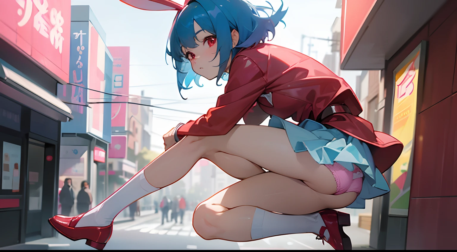 (best qualtiy:0.8),(best qualtiy:0.8),Perfect anime illustration,Extreme close-up portrait of a beautiful woman walking through the city,Bunny ears,Blue hair,Red eyes,short detailed hair,hair to shoulder,Jumping action,Show off your panties,Pink panties,Little red leather shoes,