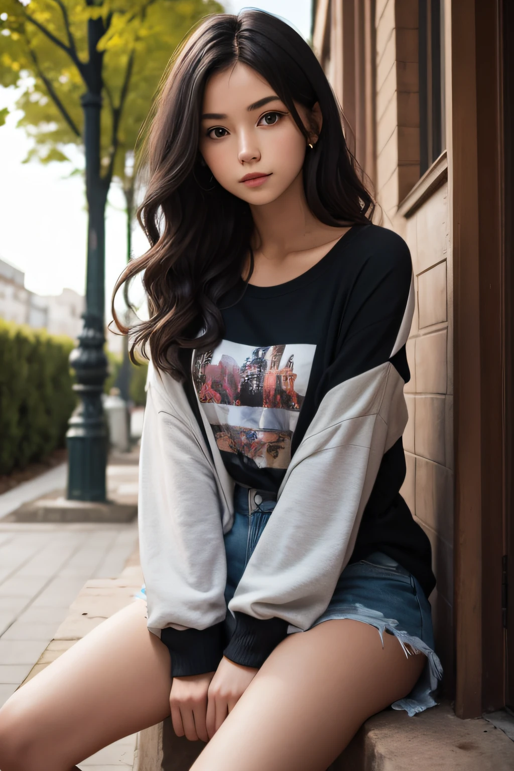 A  girl , 25 years , Dark wavy hair,Sitting casual style of clothing