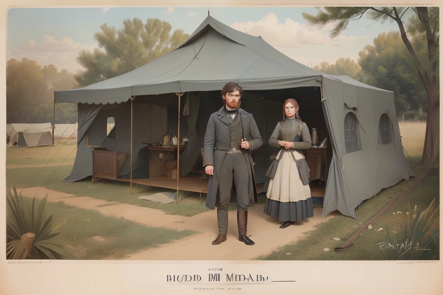year: 1863. Location: Cairo, Illinois. Pre-Raphaelite (((45-year-old Richard Madden))), ((grey hair)), army doctor, military camp, tent, civil war, ((worried look)), ((((Clothing from the 1860s)))) ((Hairstyle of the 1860s)), ((("OMITB" cinematography)))