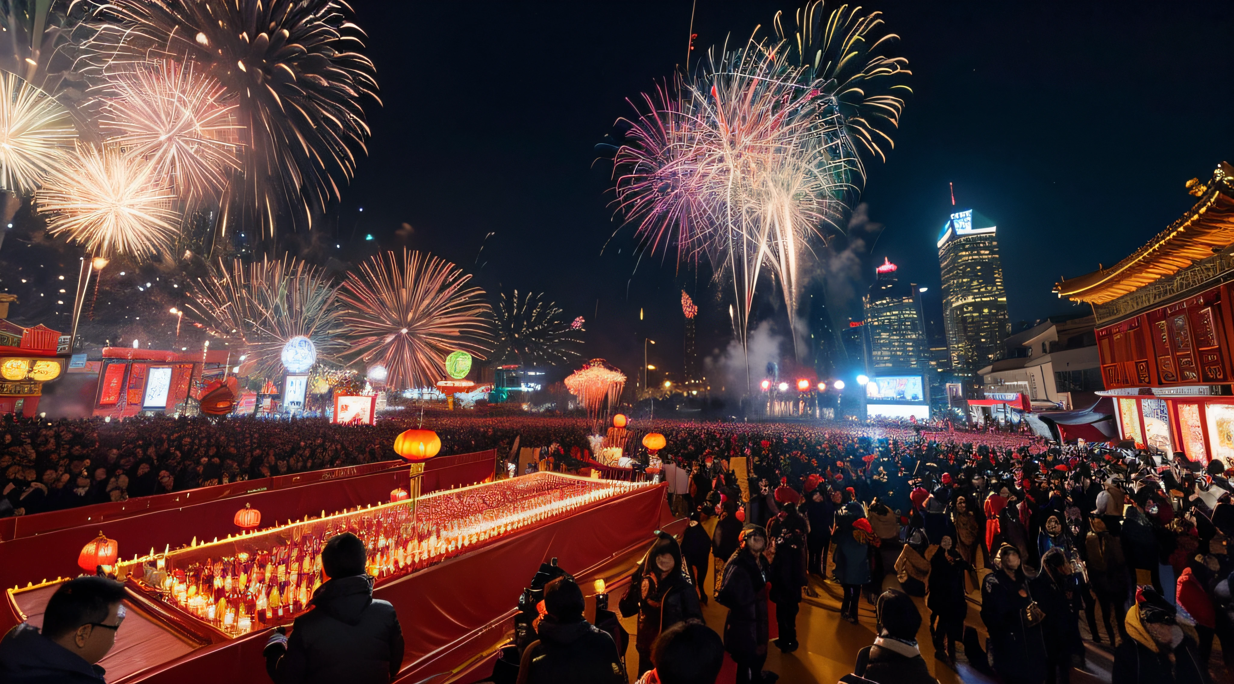 In front of the Forbidden City, In the distance, Happy people，Lanterns float in the air，Doves of peace are flying，Red flags flying,National Day atmosphere，firework，large moon，The overall picture is located in the lower center