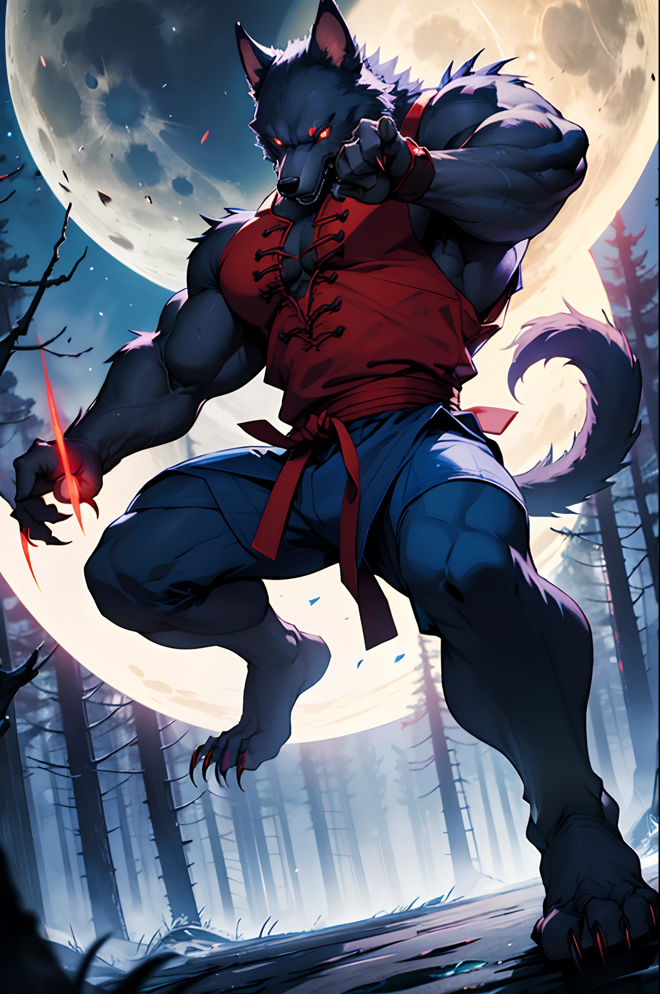 moon light, werewolf, Master of Martial Arts, Glowing Red Eyes, musculature, Long claws, tail, woods, Blue Flash