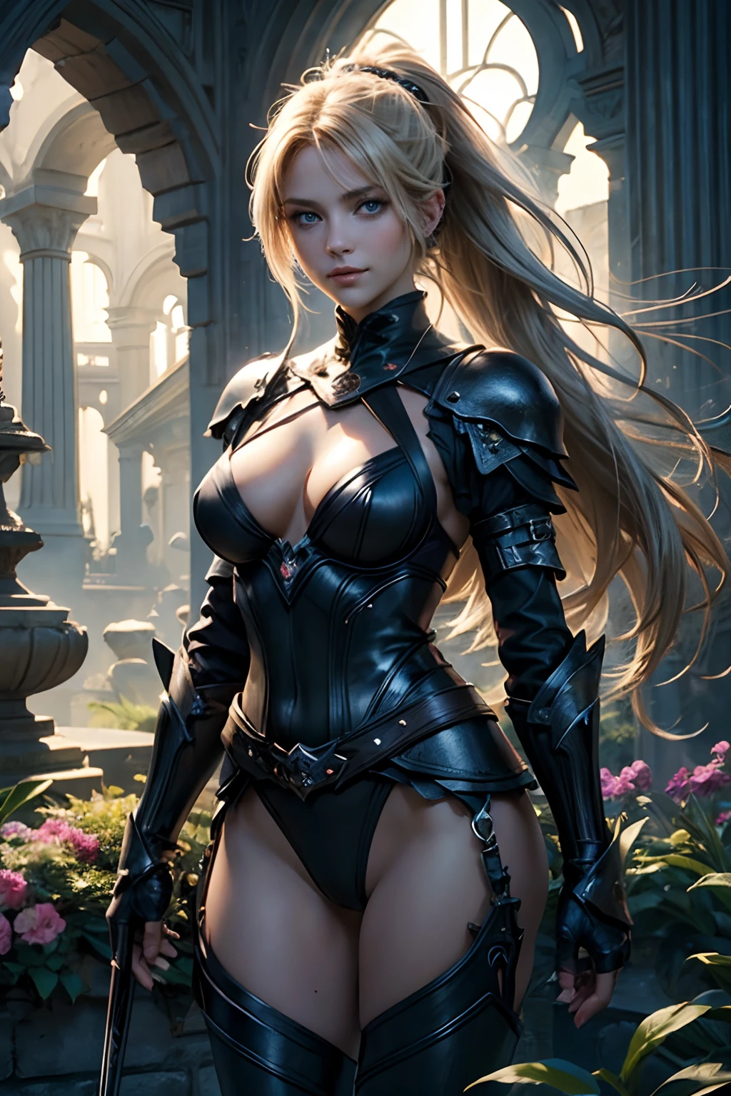 "(Best Quality,hight resolution,Masterpiece:1.2),beautiful detailed blue eyes,Stunning blonde with long hair, tail, Hair gathered in a ponytail,Girl with a charming smile, Clothes made of tanned leather, briefs, leather armour, soft natural lighting,Flower garden background,bright colours,Fine Brush Stroke Technique,Accentuate the girl's joyful expression,A gentle breeze gently rustles her hair,Meticulous attention to facial features and hair strands,Realistic skin tones and textures, A keen eye, Battle Maiden, Figure Warfare, athletic build, musculature, long leges, Long Range, big breastes. (dark theme: 1.2) (dark aura, dark energy, dark energy, shrouded in darkness, Dark Miasma: 1.3)