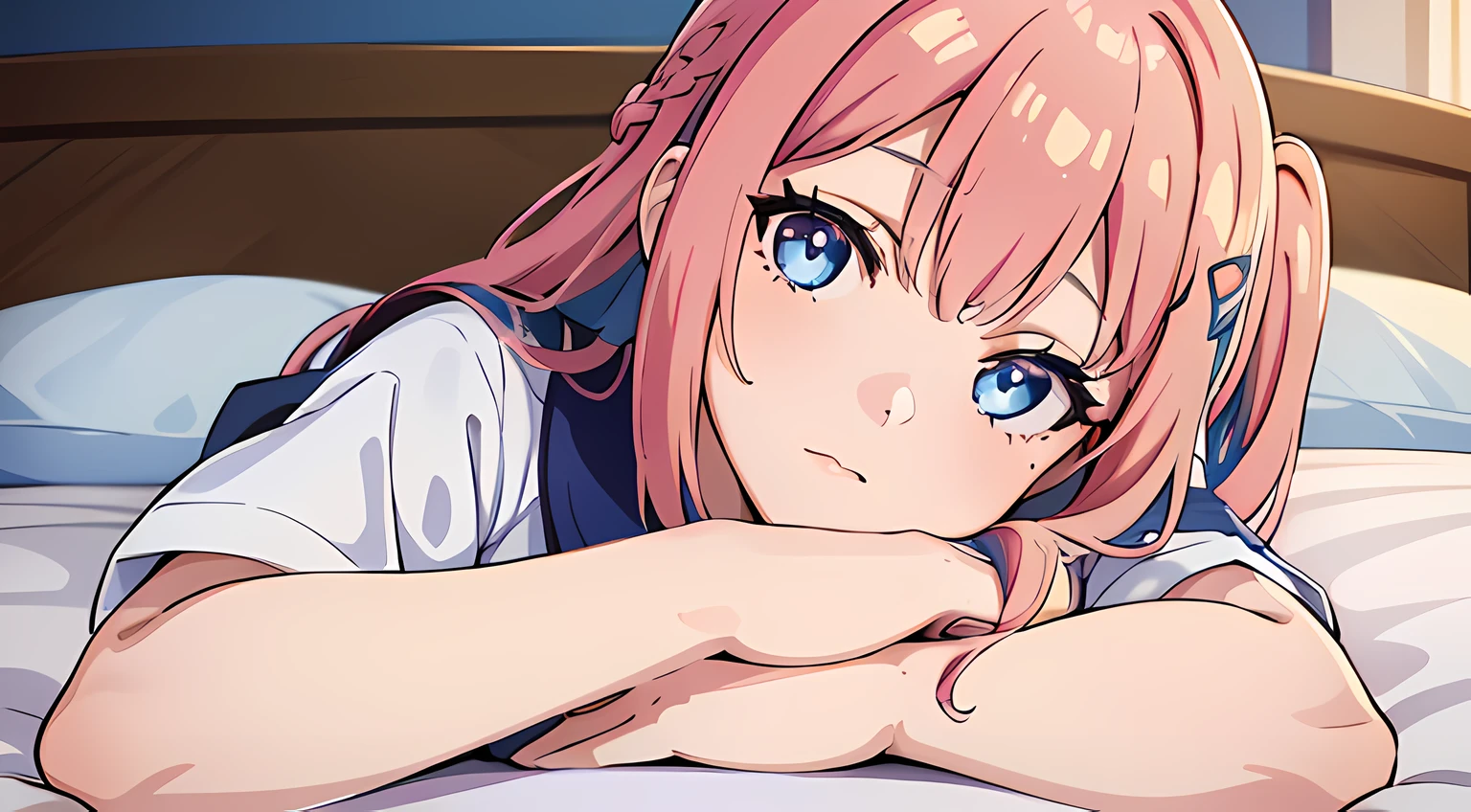 (1girl in),(beautiful eyes finely detailed, Face to detail, multi colored hair (white and blue)), magical student uniform, lying down her back in bed, tsundere facial expression, looking at viewers, camera angle from front, full body, masterpiece sidelighting, ​masterpiece, top-quality, detailed, High resolution illustration