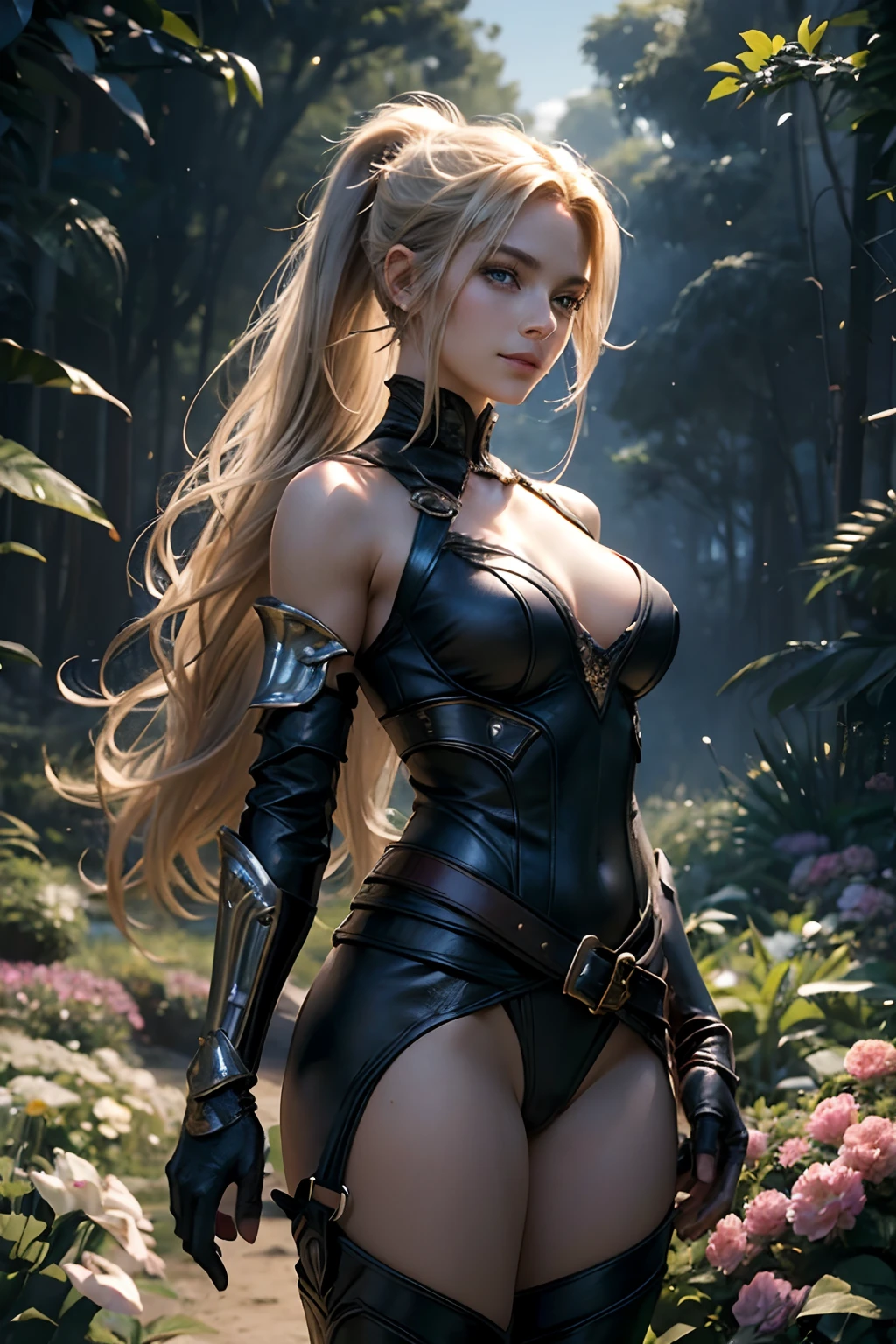 "(Best Quality,hight resolution,Masterpiece:1.2),beautiful detailed blue eyes,Stunning blonde with long hair, tail, Hair gathered in a ponytail,Girl with a charming smile, Clothes made of tanned leather, briefs, leather armour, soft natural lighting,Flower garden background,bright colours,Fine Brush Stroke Technique,Accentuate the girl's joyful expression,A gentle breeze gently rustles her hair,Meticulous attention to facial features and hair strands,Realistic skin tones and textures, A keen eye, Battle Maiden, Figure Warfare, athletic build, musculature, long leges, Long Range, big breastes. (dark theme: 1.2) (dark aura, dark energy, dark energy, shrouded in darkness, Dark Miasma: 1.3)