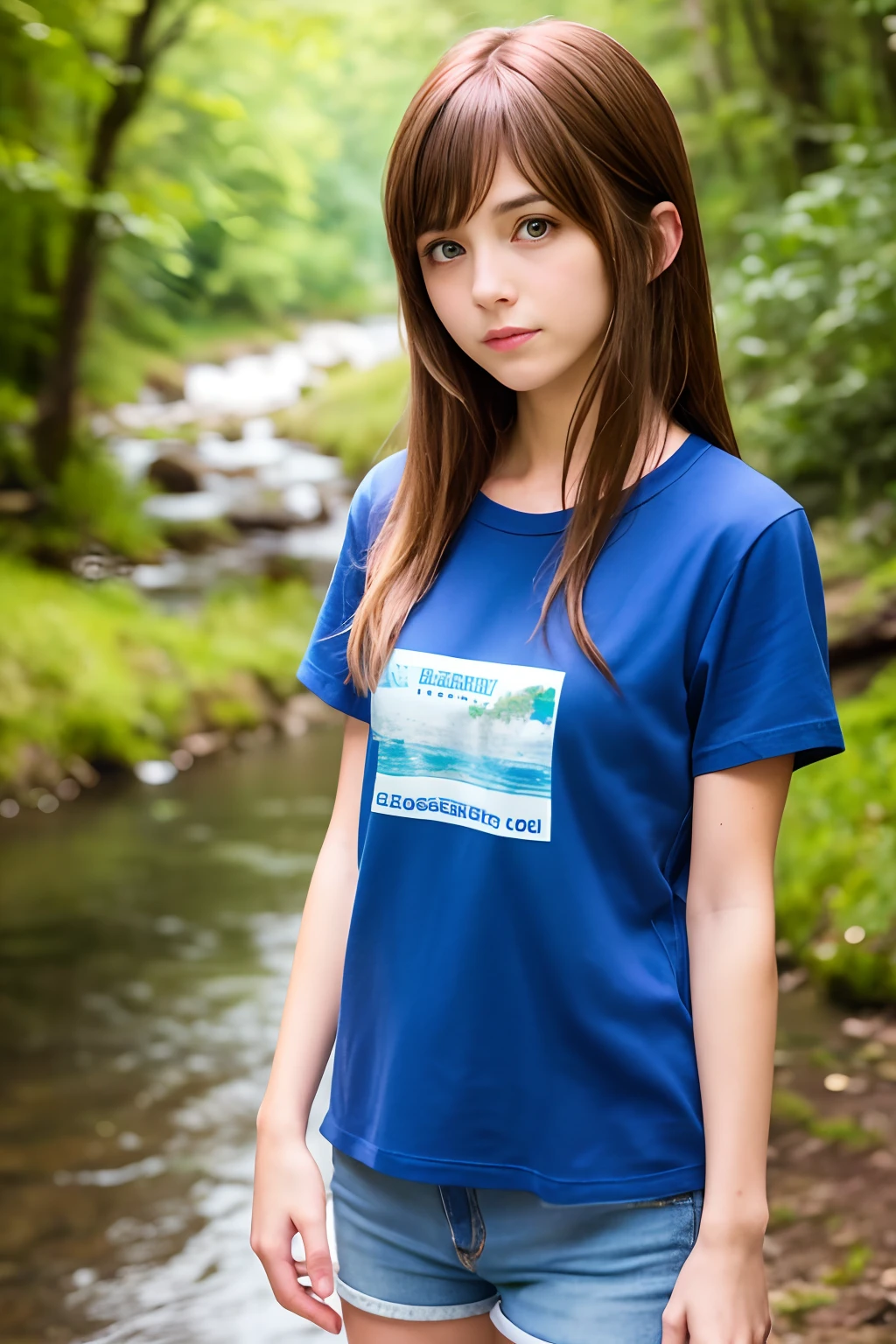 ,best quality ,very skinny , long hair , girl max caulfield ,large eyes , , blurry, , brown hair , happy , , soft skin, , expressive eyes ,, blue t-shirt, , , short short , at the river