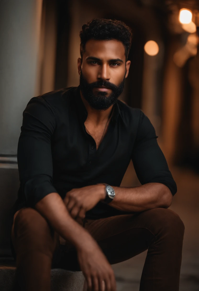 Brunette man with brown skin, brown eyes, 34 years old, beard thin in black shirt, black pants, brown boots