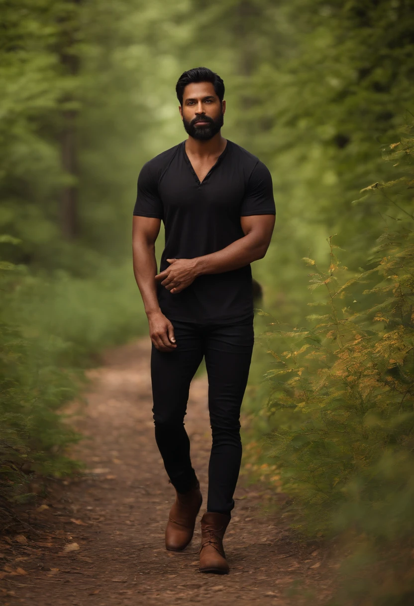 Brunette man with brown skin, brown eyes, 34 years old, beard thin in black shirt, black pants, brown boots