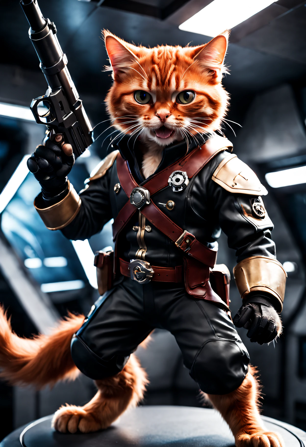 cinematic photo a detailed award winning photo, cute red haired cat space pirate on his spaceship ,realistic fur, fangs , angry, holding a big futuristic gun, epic pose, high quality photography, 3 point lighting, flash with softbox, 4k, Canon EOS R3, hdr, smooth, sharp focus, high resolution, award winning photo, 80mm, f2.8, bokeh . 35mm photograph, film, bokeh, professional, 4k, highly detailed,(close up)
