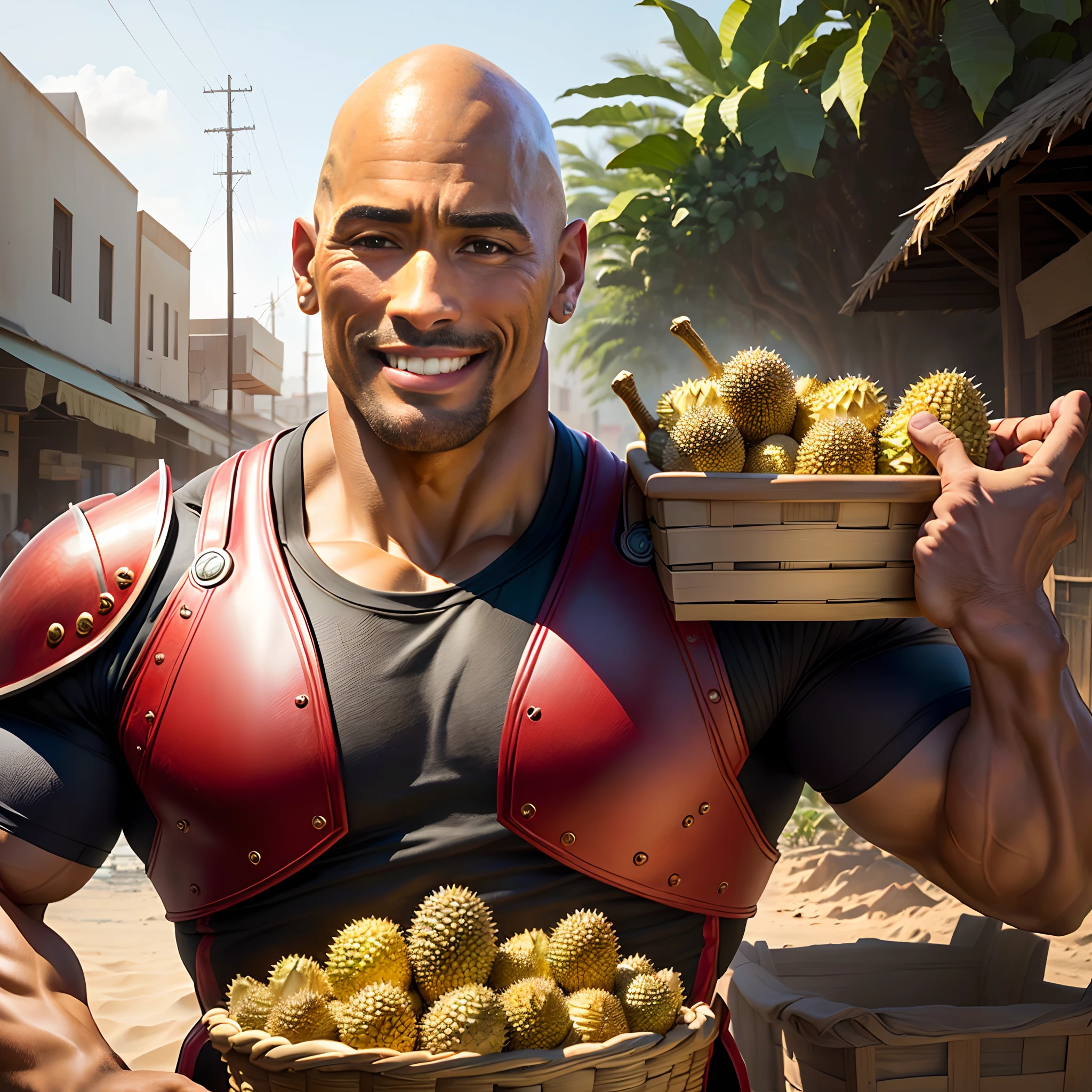 Dwayne the rock Johnson, a realistic depiction of a bald Dwayne Johnson smiling, red armor, expressive smile, holding a pile of Durian fruit in a basket, located in a sandy city, Located in Saudit Arabia, Very detailed facial features, perfect symmetry, dynamic pose