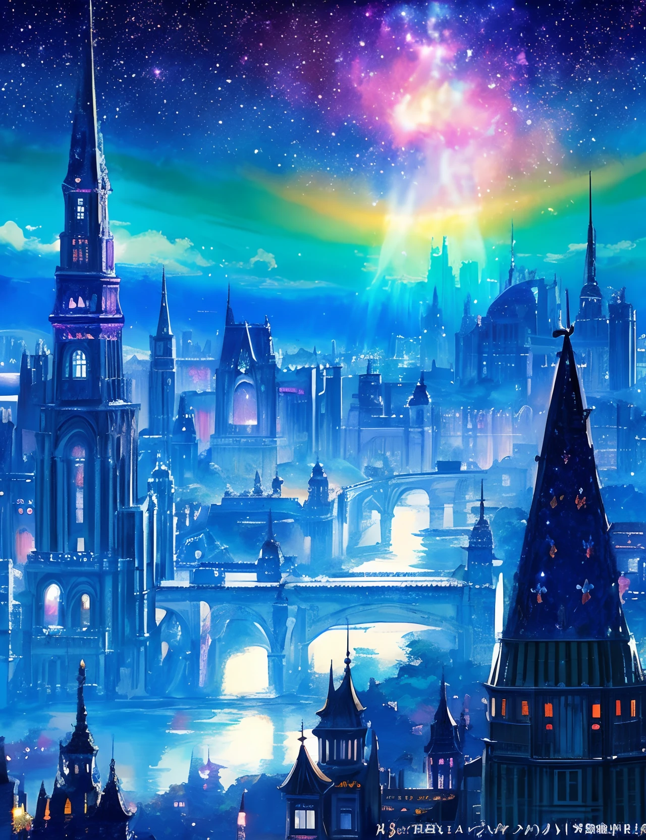 Metropolitan、Colorful Metropolitan Museum of Art、River painting with stars and moon in rainbow sky、the met、Shining skyscrapers、Shine across the board、Skyscrapers、Concept art inspired by Mitsuoki Tosa、pixiv contest winners、top-quality、Fantasyart、beautiful anime scene、Bright moon、Moonlit star environment、Dream painting、Anime Background Art、Fantasy landscape art、fantasy knight、anime backgrounds、background artwork、Fantastic art、atmospheric anime、starrysky、Detail has been enhanced。