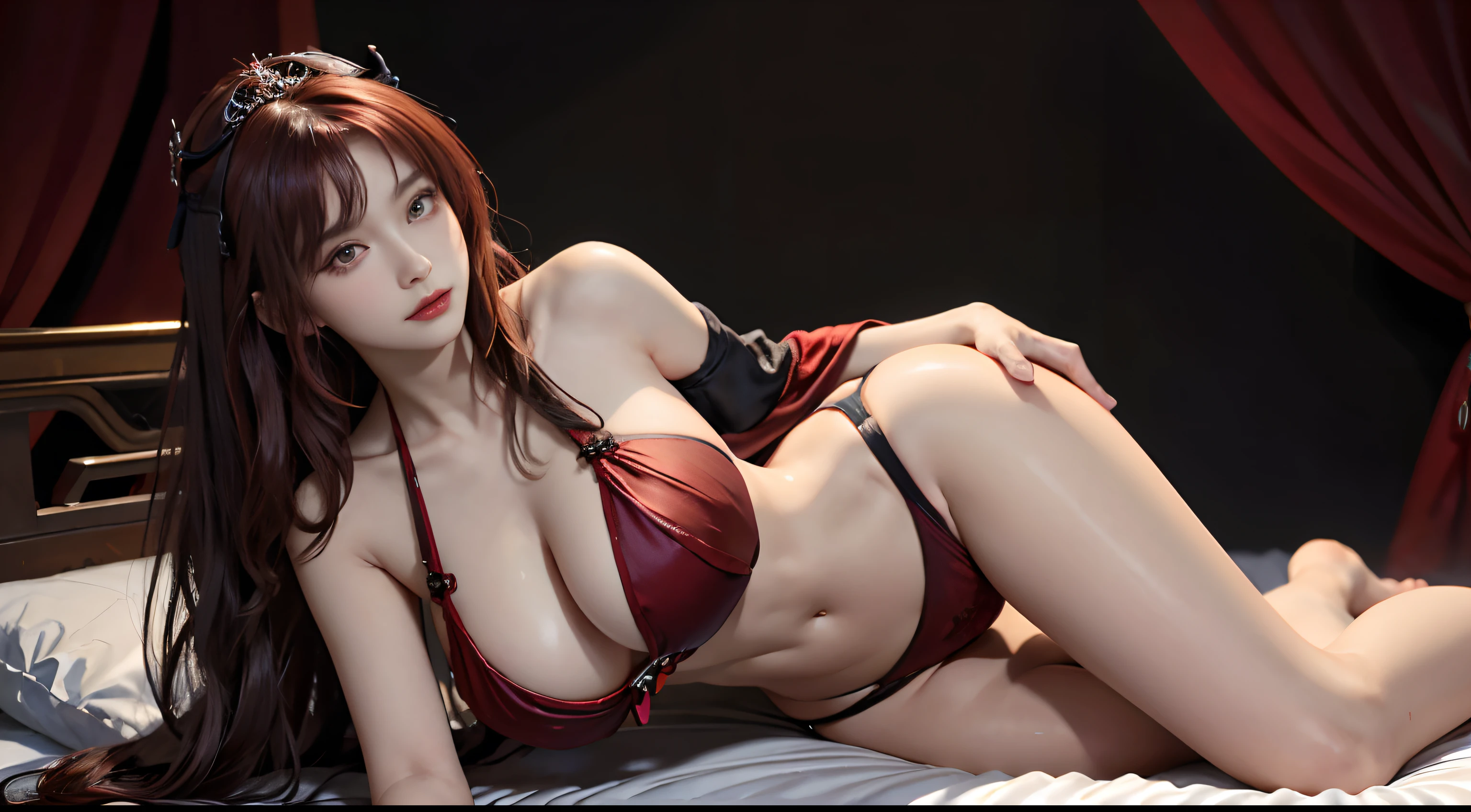 （Front focus），（in the darkness nigth：1.6），Surrealist portraits of women by David Hockney and Alphonse Mucha，((ultra gigantic tits))、((Upper body naked))、( exposed)、((Demon King's Bed))，Fantasyart，((Short red wavy hair))、((Demon King black and red dress、Sheer visible bikini with less fabric))、photographrealistic，动态照明，art  stations，poster for，Volumetriclighting，extra detailed face，4 k''，((Colossal tits))、Sexy thighs，Decorated with delicate embroidered dresses, Clothing and fine jewelry，Exposing the abdomen ,Chest 1 girl, In the dark, deepshadow, low tune, Cowboy shot,(official outfit:1.4), legs separated