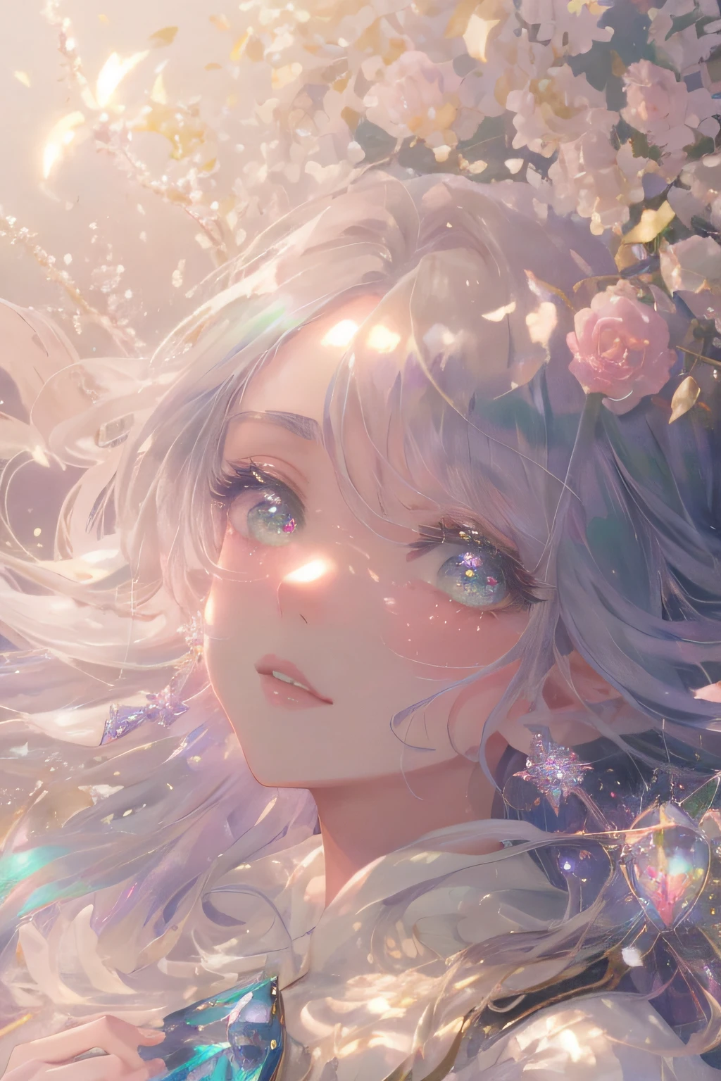 (High quality, 8K), (Soft light), Rainbow Color, One girl, Detailed face, Detailed eyes, watercolor paiting,  very magical and dreamy, dreamy and detailed, dreamy atmosphere and drama, Gorgeous atmosphere, Beautiful dreamy lighting, dreamy ambiance, Beautiful atmosphere, Dreamy Romantic, Ethereal dreamy theme, Magical atmosphere, Beautiful atmosphere, Anime Background Art, Magical atmosphere + masutepiece, dreamy aesthetic, Beautiful details with atmosphere,