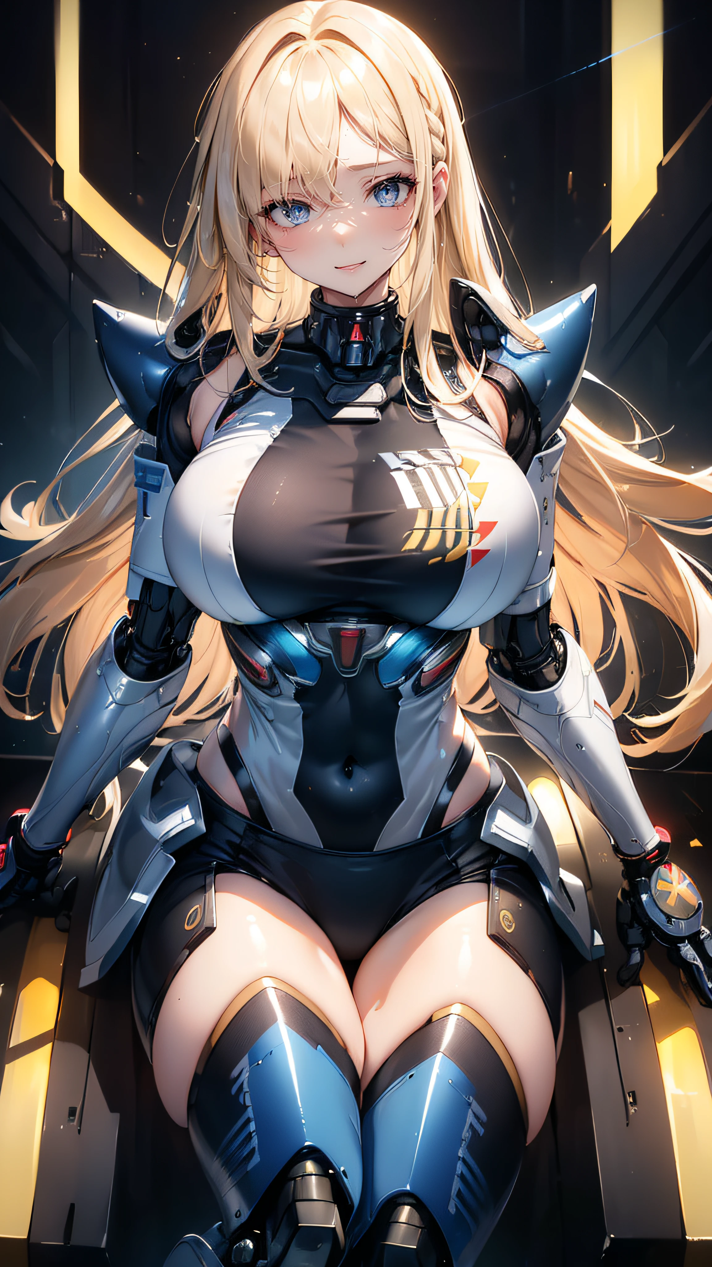 ((1girl:1.5),(embroidered cybernetic body:1.5),large breast,(mecha armor:1.5)),(Highest image quality, outstanding details, ultra-high resolution, (realism: 1.4), the best illustration, favor details, highly condensed 1girl,(Sense of presence:1.5),(Dynamic:1.5),(bold:1.5)),(thin hair:1.8),(straight hair:1.5),(Swept long bangs:1.5),(extra light coppery amber hair),((hair over one eye:1.2)),stretching,the background is a high-tech lighting scene of the future city