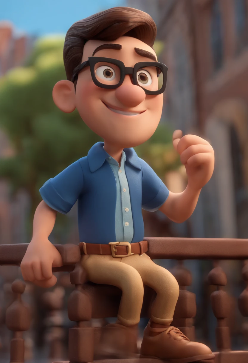 Cartoon character of a man wearing black glasses and a blue shirt, um personagem animado, Caractere estilizado, animation style rendering, 3D estilizado, Arnold Maya render, 3 d render stylized, toon render keyshot, Personagem 3D, Personagem 3D, 3d rendering stylized, 3 d character render, personagem de desenho animado, Personagem de close up, Pose de personagem, (Estilo Pixar) (master part:1.2) (Bokeh) (best quality) (pele detalhada) (textura detalhada) (8k) (argila) (Cinematic lighting) (foco nítido，Senta e vaza a parte superior do corpo
