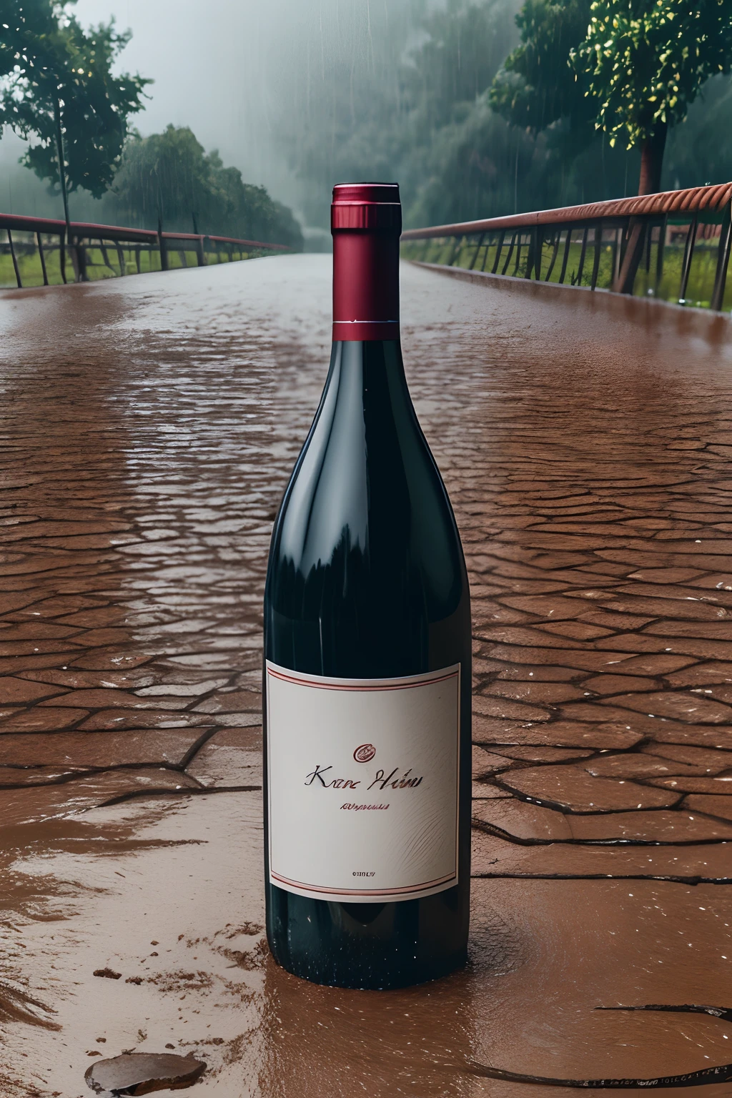 k hd,High image quality,hightquality,artistic conception,raining day,rained,It rained heavily,downpours,rain,The ground is dry,drought,The ground is dry and cracked,fissure,A bottle of wine,A bottle of wine in the middle