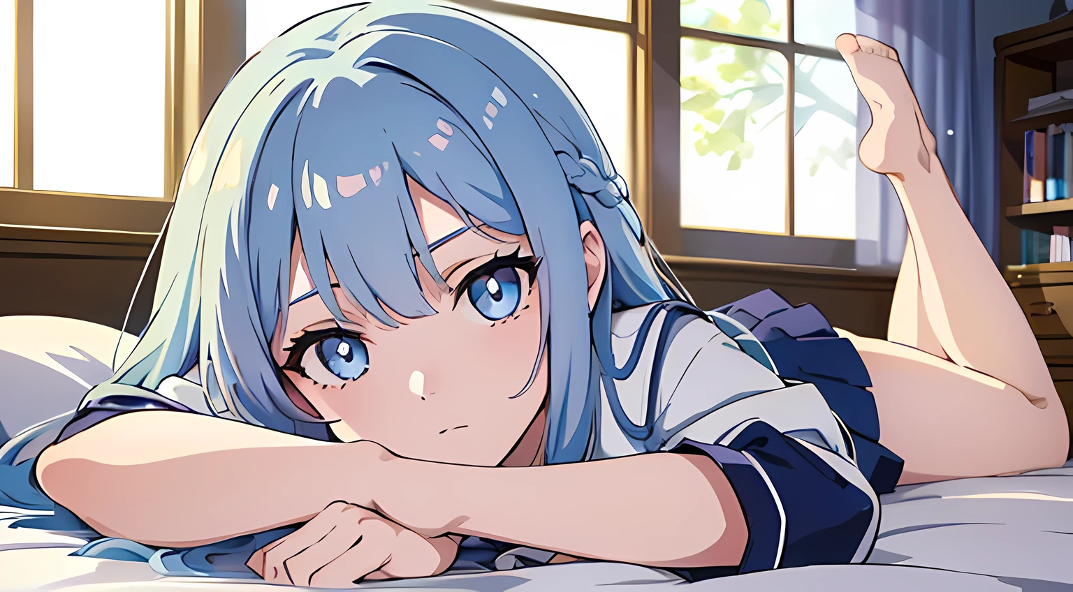 (1girl in),(beautiful eyes finely detailed, Face to detail, white and blue hair color), magical student uniform, lying down her back in bed, tsundere facial expression, looking at viewers, camera angle from front, full body, masterpiece sidelighting, ​masterpiece, top-quality, detailed, High resolution illustration