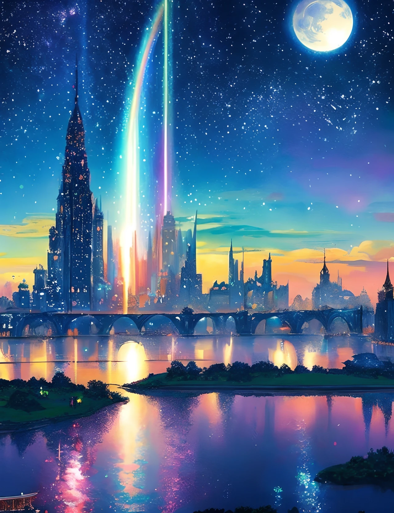 Metropolitan、Colorful Metropolitan Museum of Art、River painting with stars and moon in rainbow sky、the met、Shining skyscrapers、Shine across the board、Skyscrapers、Concept art inspired by Mitsuoki Tosa、pixiv contest winners、top-quality、Fantasyart、beautiful anime scene、Bright moon、Moonlit star environment、Dream painting、Anime Background Art、Fantasy landscape art、fantasy knight、anime backgrounds、background artwork、Fantastic art、atmospheric anime、starrysky、Detail has been enhanced。