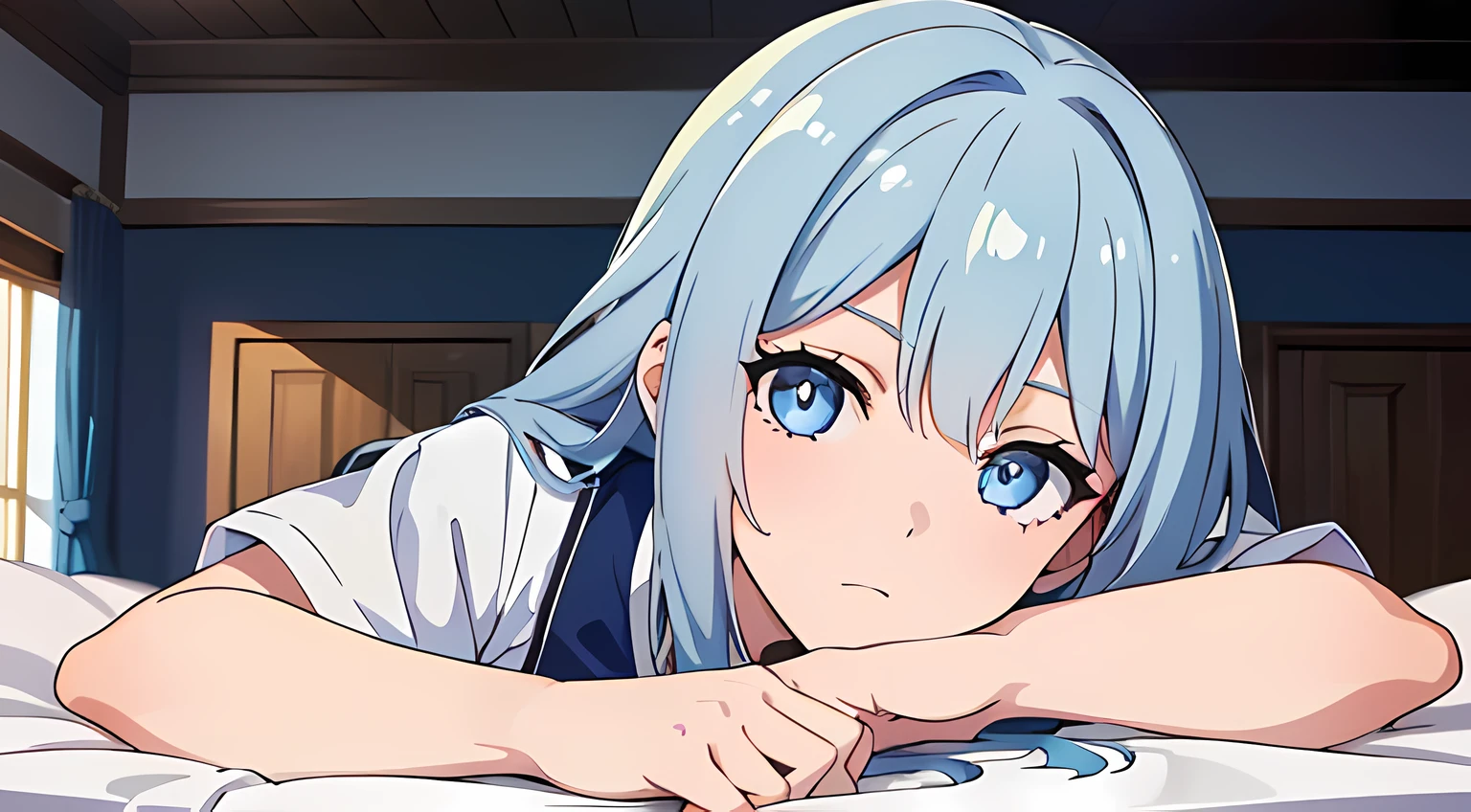 (1girl in),(beautiful eyes finely detailed, Face to detail, white and blue hair color), magical student uniform, lying down her back in bed, tsundere facial expression, looking at viewers, camera angle from front, full body, masterpiece sidelighting, ​masterpiece, top-quality, detailed, High resolution illustration