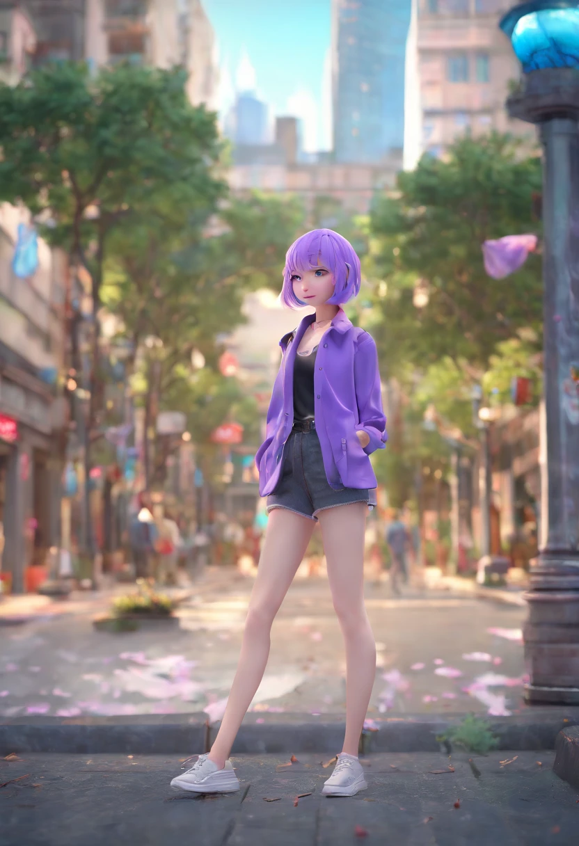 ((masterpiece)),(((bestquality))),((ultra-detailed)),((highquality)),1girl, solo, barefoot, standing, building, smile, purple hair,purple eye, dutch angle, closed mouth, looking away, outdoors, tokyo