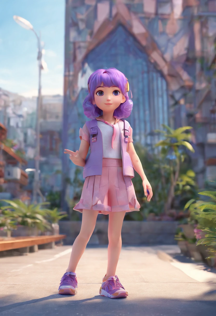 ((masterpiece)),(((bestquality))),((ultra-detailed)),((highquality)),1girl, solo, barefoot, standing, building, smile, purple hair,purple eye, dutch angle, closed mouth, looking away, outdoors, tokyo