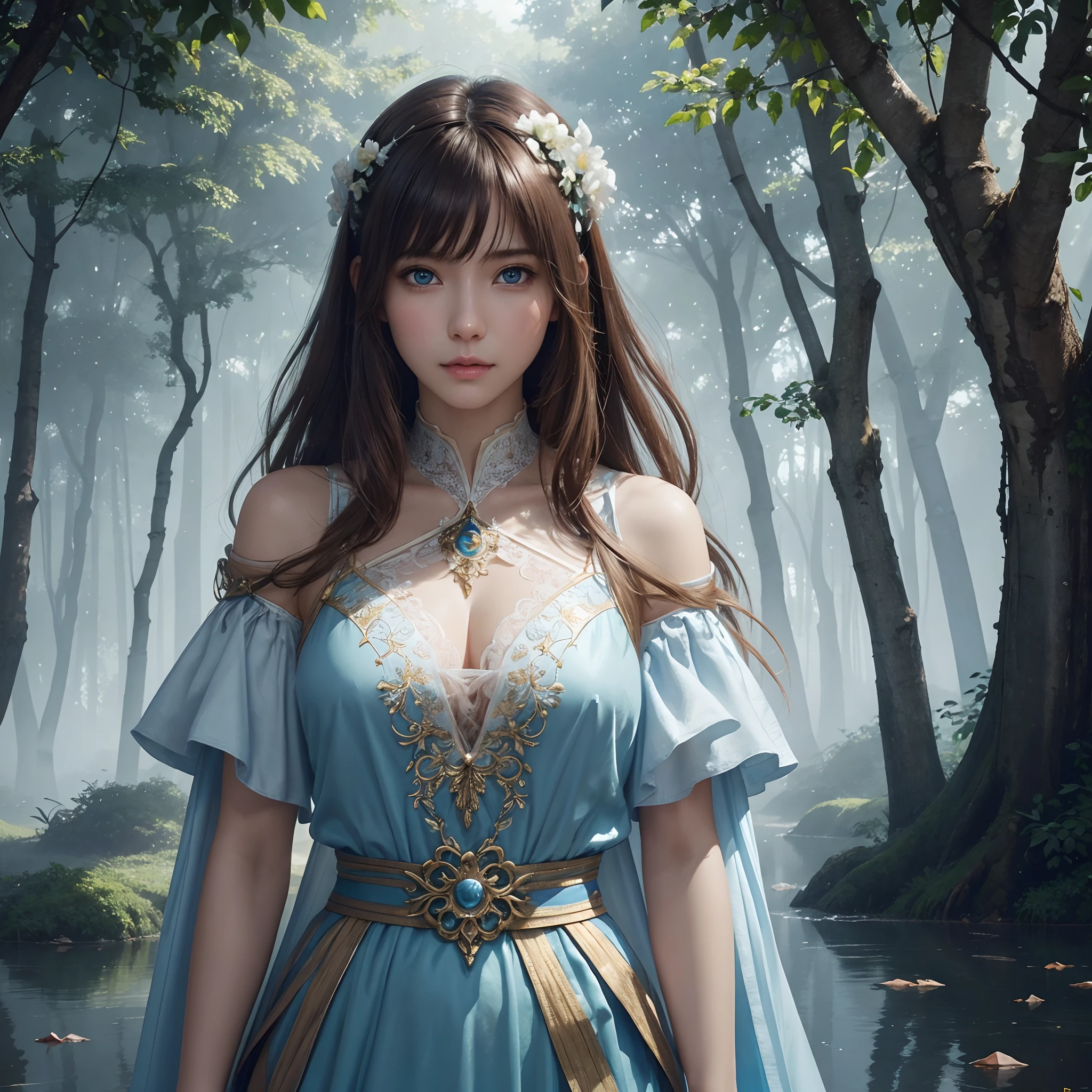 hightquality、8K Ultra HD、fullllbody、-yeld wo、robe blanche、light brown hair、Blue eyes、(In the background is a lovely healing forest and a waterside)、cute little、Beautiful fece、portlate、Morning light、florals、art by:Alberto Seveso、Symmetrical、Abstract art style、Complex and intricate watercolor painting 、digitial painting、concept-art、Volumetric lighting、TanvirTamim、metal reflective、2d render、8K。 by artgerm、Trending on ArtStation