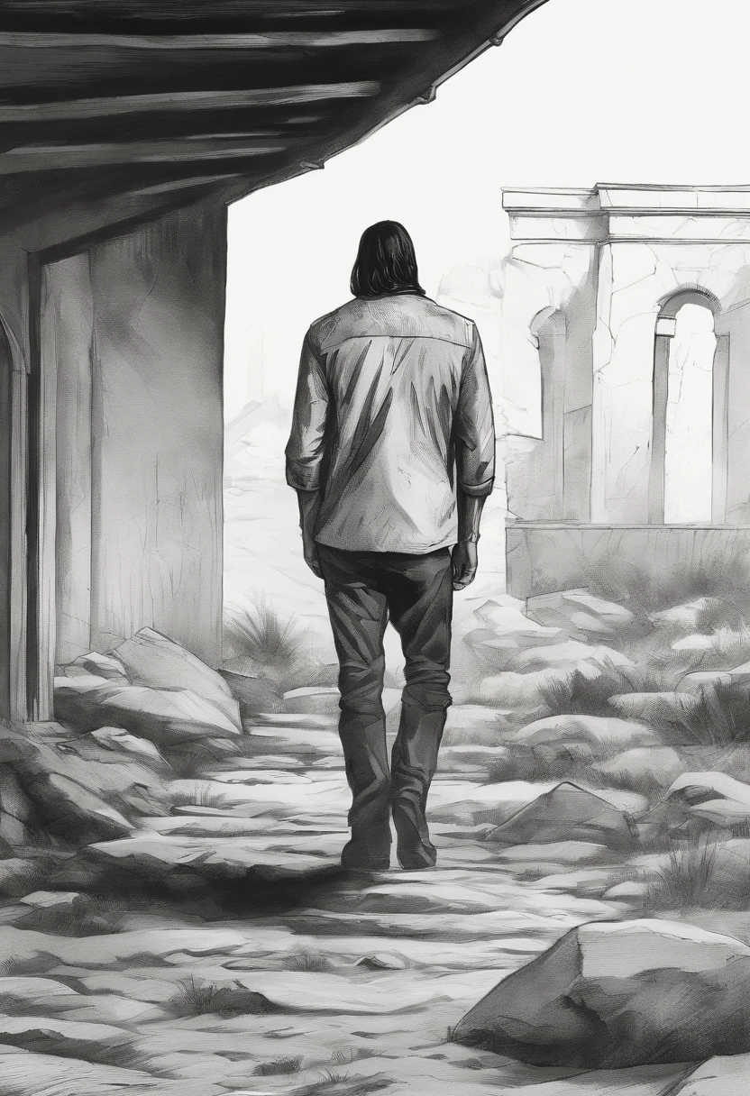 Jesus close up https://readcomicsonline.ru/uploads/manga/outcast-by-kirkman-azaceta-2014/chapters/47/01.jpg man, in front of the building Cel-shaded, noire, black-white, comics art –s 750 with beard and short haircut sitting alone in the rain in the desert only nature, Far from civilization with a mountain in the background, outcast, In torn clothes, long clothes, tired, Exhausted. Black & White Style, Drawn in the style of noir, Noir setting, Drawn in the style of noir, Comics Art