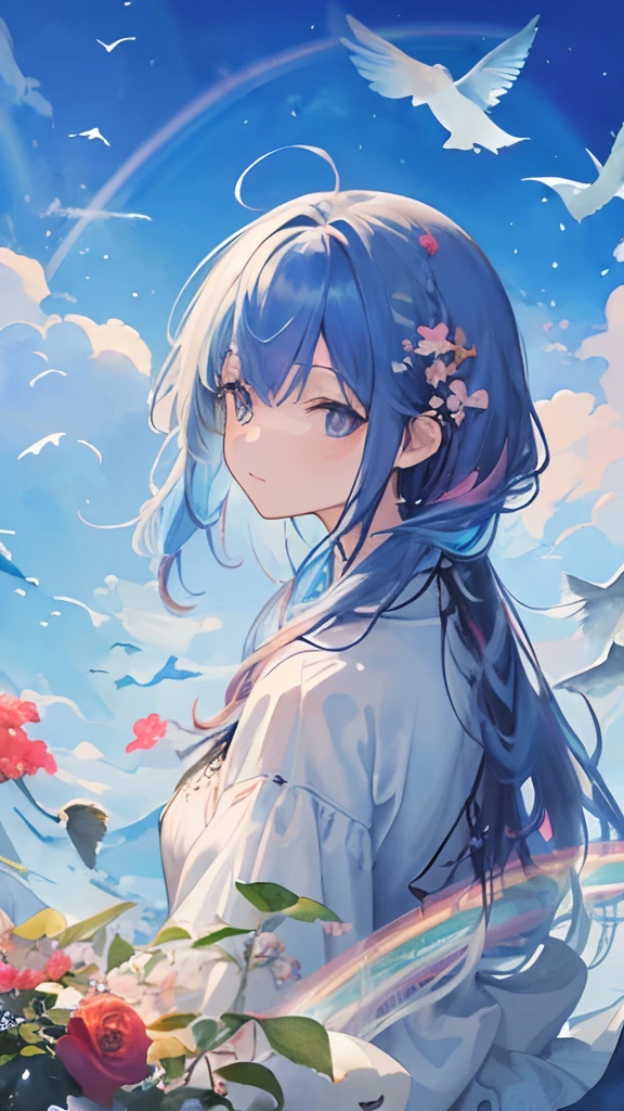(masterpiece, top quality, best quality,watercolor (medium),official art, beautiful and aesthetic:1.2),(1girl:1.3), (fractal art:1.3), (overhead shot:1.3), looking at viewer, patterns, (rainbow color hair:1.2), flowers, (birds:1.3), (animals:1.4), liquid,cloud,colorful, blue sky and clouds