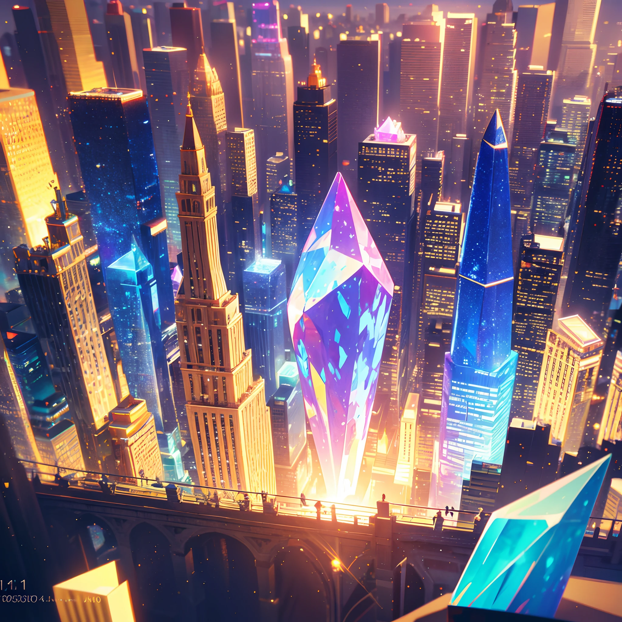 photograph of a one massive colorful crystal:1.2 growing out of the city, focus on crystal:1.2, 4k, 8k, highly detailed, big city background, landscape,translucent crystal:1.1, light going trough the crystal, bokeh, chromatic aberration