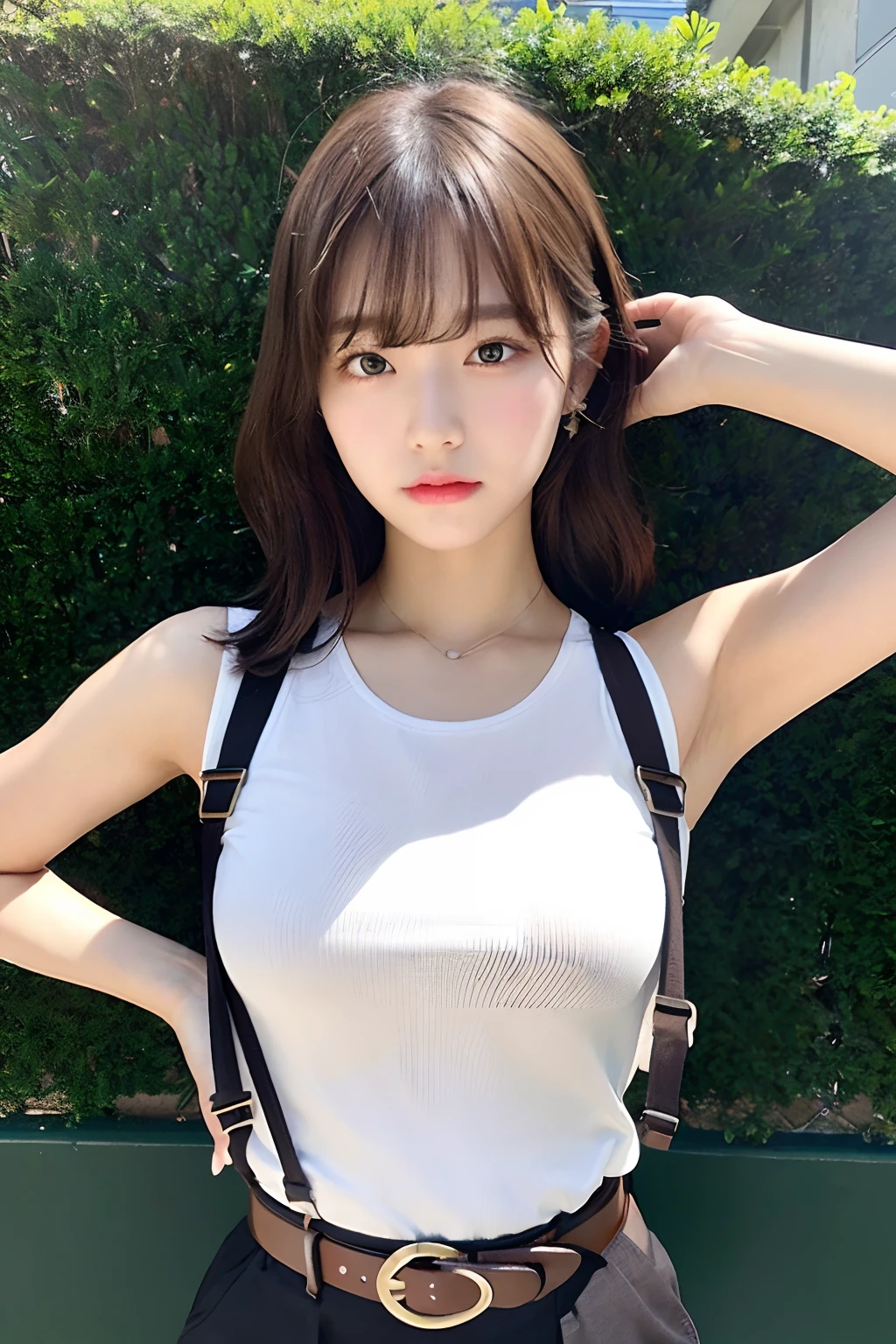 ​masterpiece、flat-colors、depth of fields、lens flare 1 girl、、Brown hair、watching at viewers　　　　a belt　black suspenders　　　Puffy breasts　　　 　 Armpit sweat　perspiring　Side of both hands　　walls: 　Black pants, 　Gaze　　　Small face　Bangs Upper Eyes　Aside Cutter Shirt　big breasts